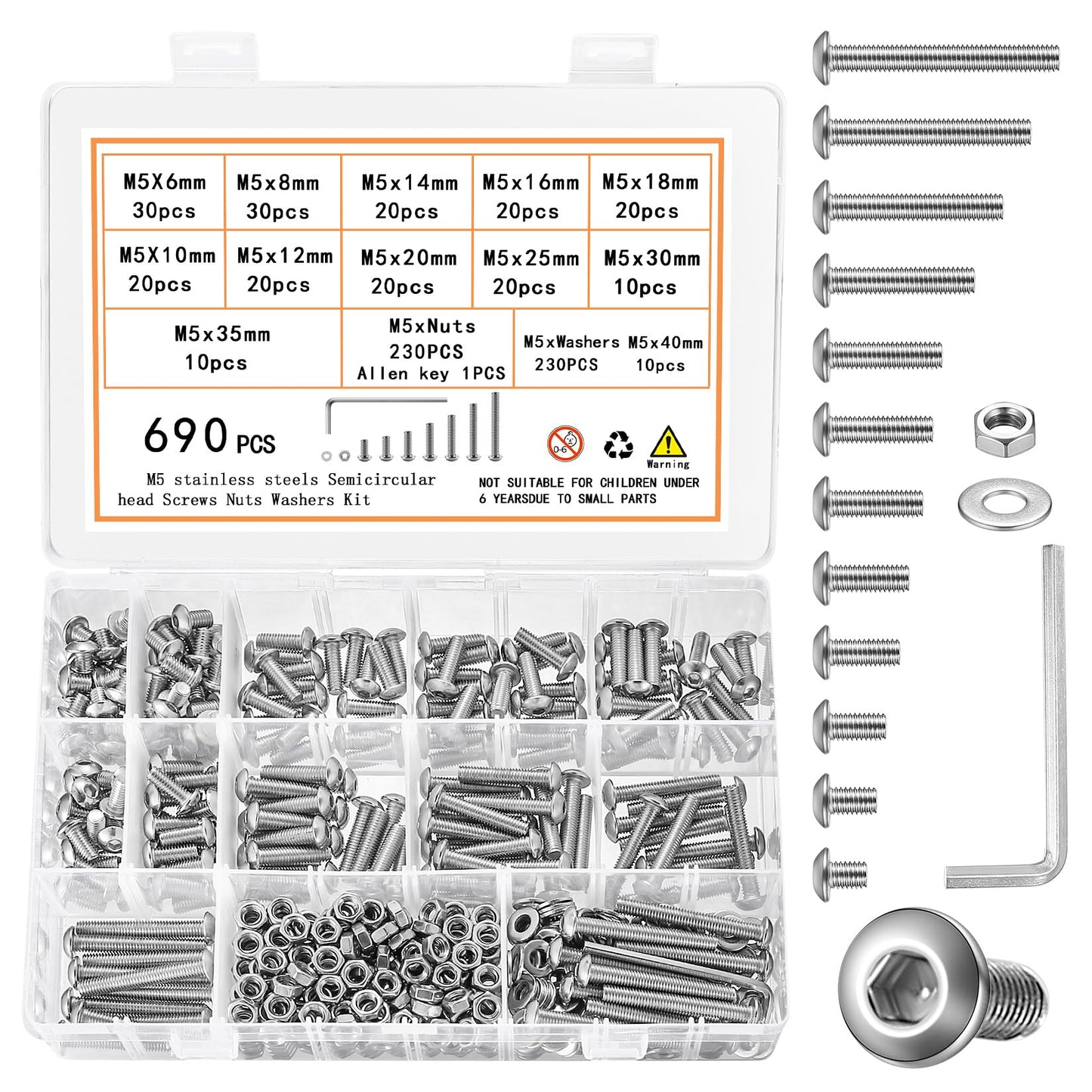 690 Pcs M5 Nuts and Bolts Assortment Kit, Pan Head Machine Screws and Nuts, Stainless Steel Hex Button Head Socket Cap Screws Bolts and Washers, Metric Screw Assortment, Fully Threaded
