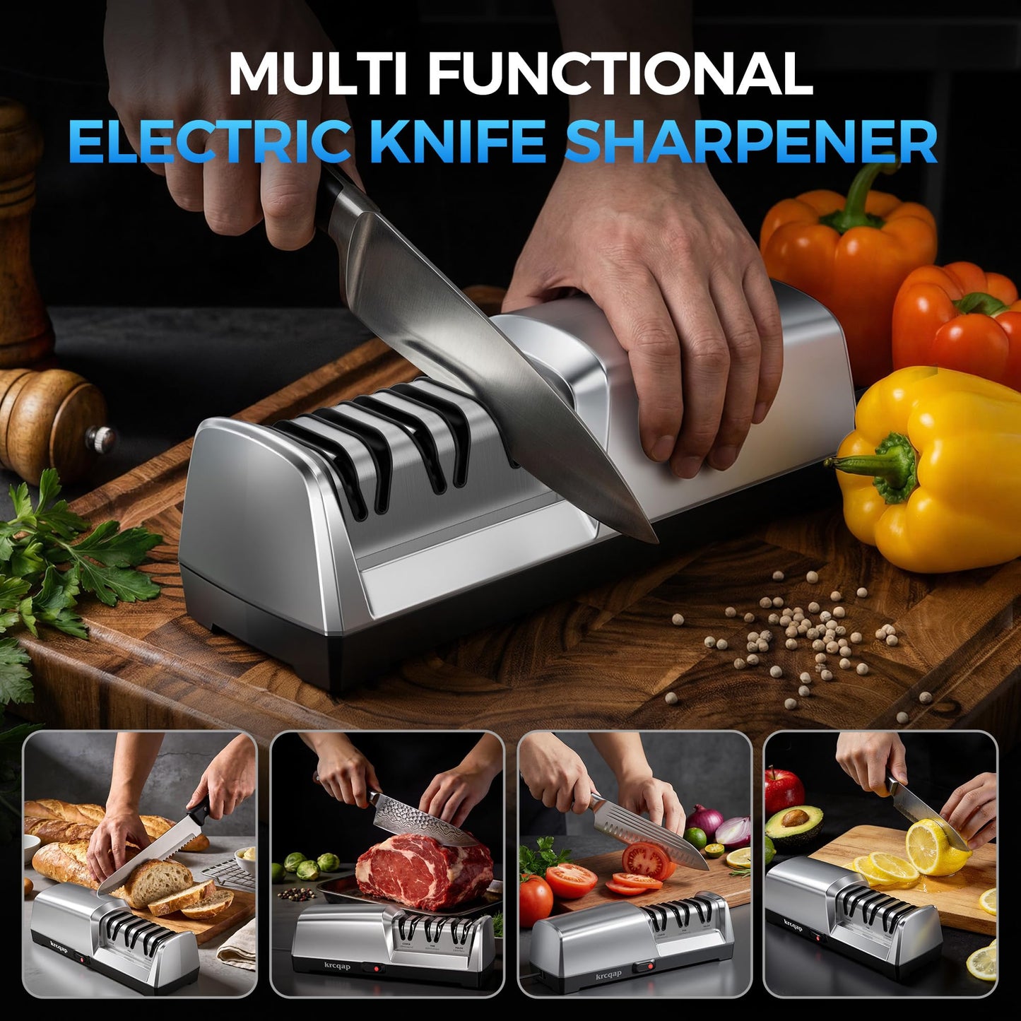 Knife Sharpener Electric for Kitchen - 3-Stage Kitchen Knife Sharpener - 15°Precision Angle Guide Knife Sharpeners - Stainless Steel Grinding Head-Portable and Useful-Fast Sharpening, Repair, Polish