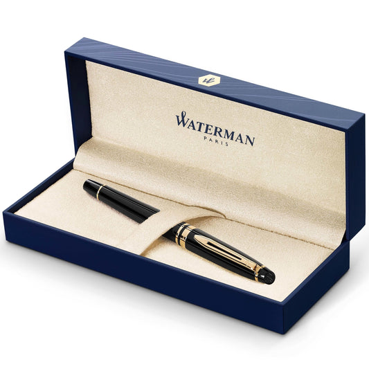 Waterman Expert Fountain Pen, Gloss Black with 23k Gold Trim, Medium Nib, Luxury Pen in Gift Box, Fountain Pen for Writing