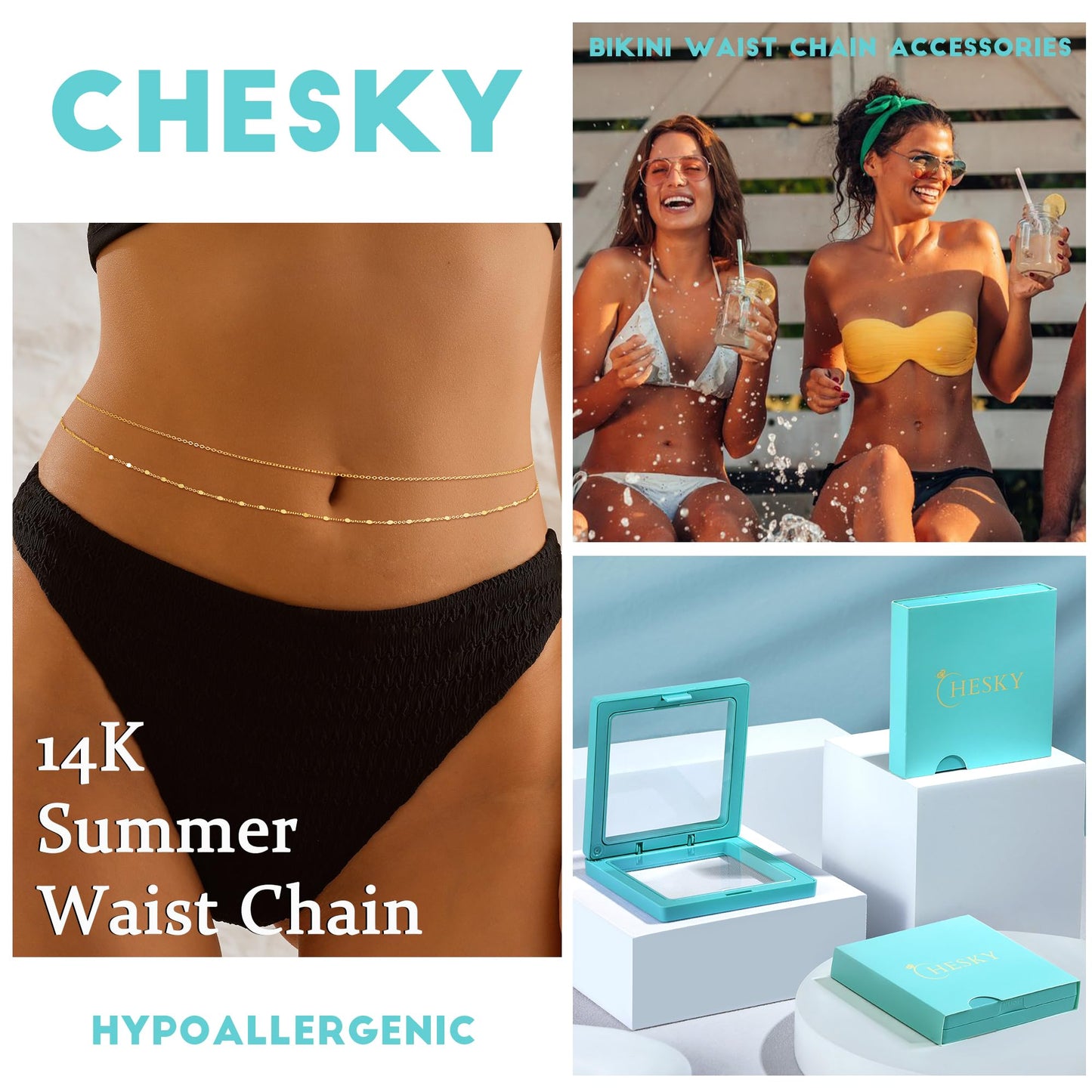 CHESKY 14K Gold Plated Waist Chain for Women, Dainty Layered Belly Belt Chains Beach Waist Chain Waterproof Thin Body Chain Summer Jewelry Accessories for Women