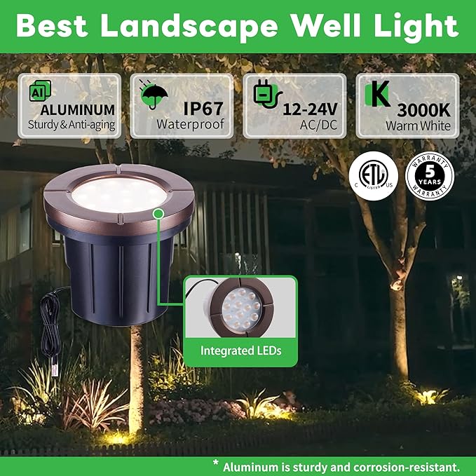 LED Well Light, In Ground Landscape Lights Low Voltage Outdoor, 12V IP67 Waterproof, Bright Wired Aluminum ORB for Patio Pathway Lawn 6W 580LM 4 Pack