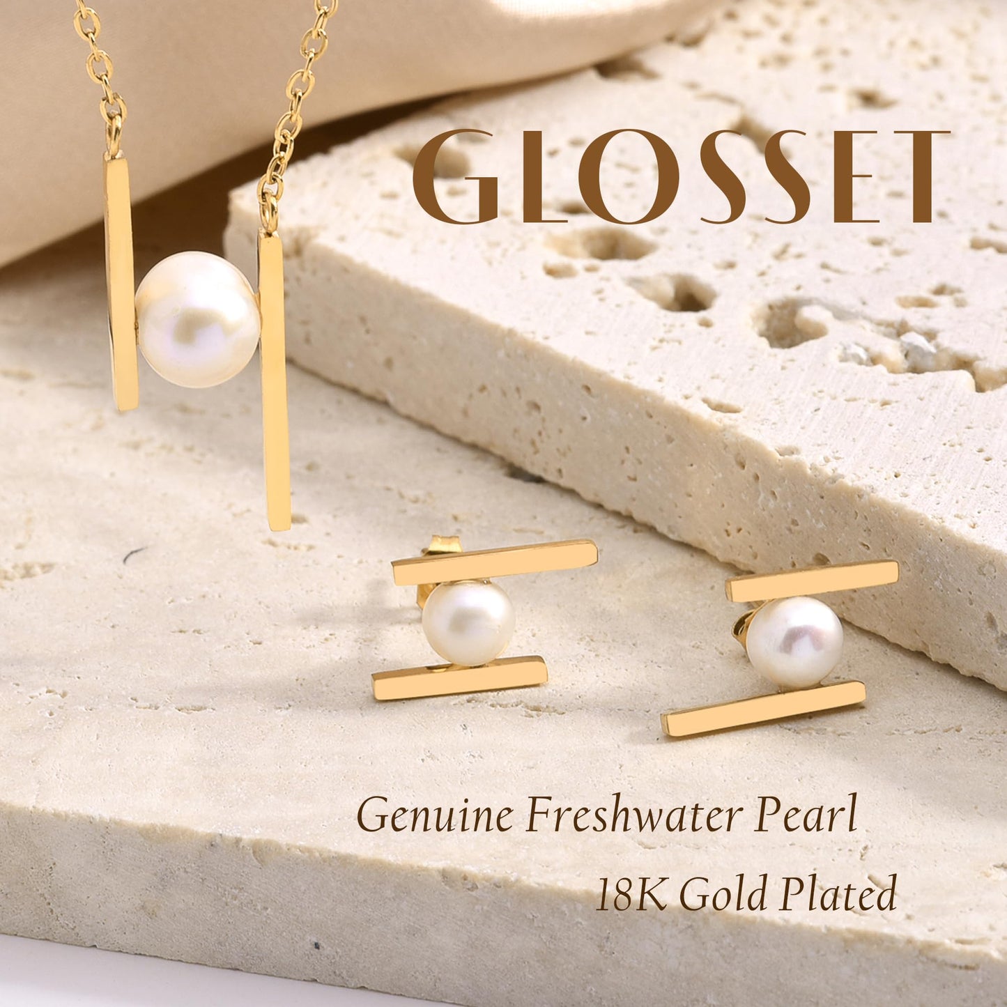 GLOSSET Gold Pearl Necklace and Earring Set, 18K Gold Plated Earrings and Necklace Set for Women, Dainty Freshwater Pearl Set Jewelry for Women Girls Gift (Gold - H Shape)