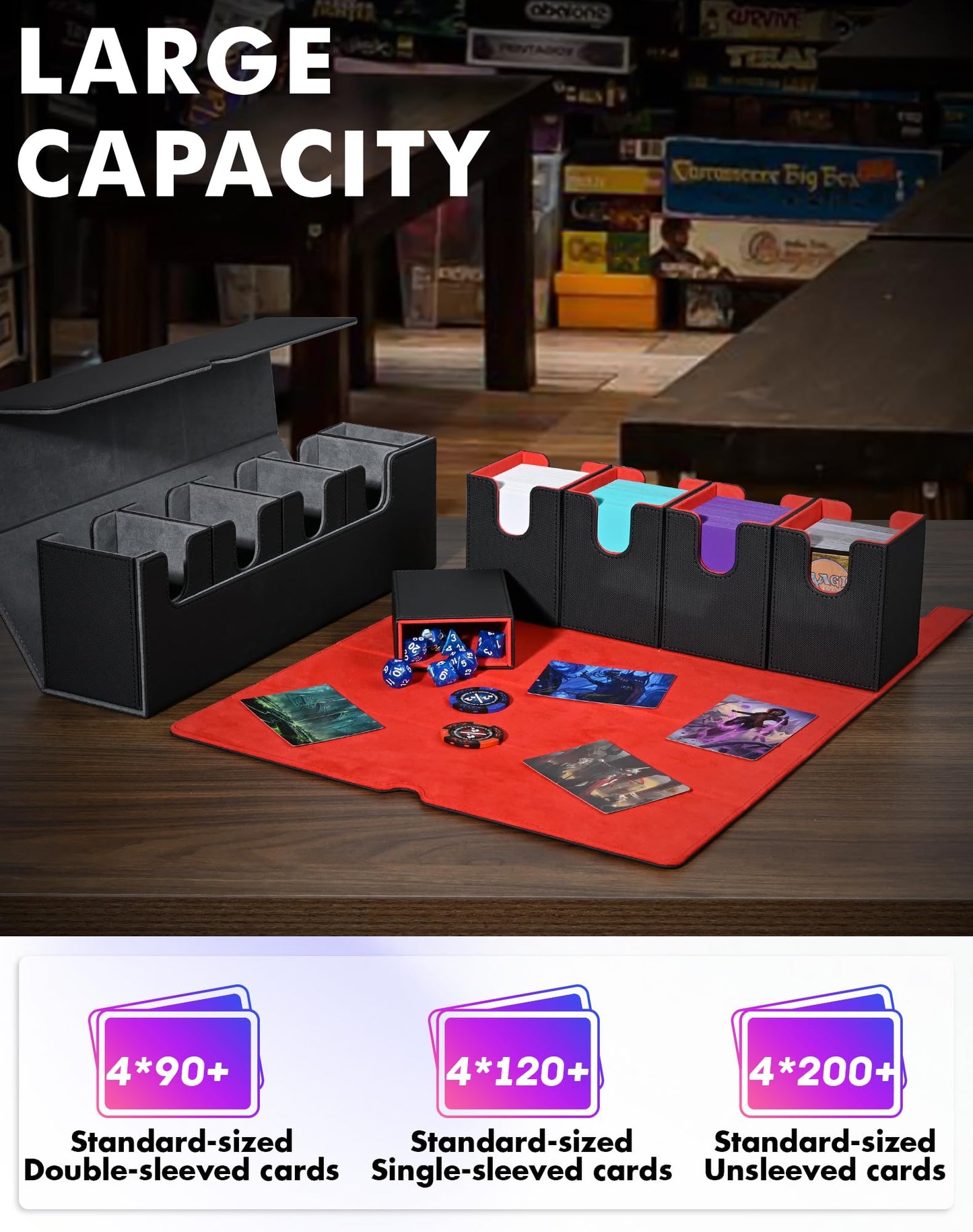 UAONO Card Deck Box with Dice Tray for MTG, 5 in 1 Card Deck Case Holds 800+ Unsleeved Cards, Strong Magnet Organizer Compatible with Yugioh TCG Sports Cards (Black Red)