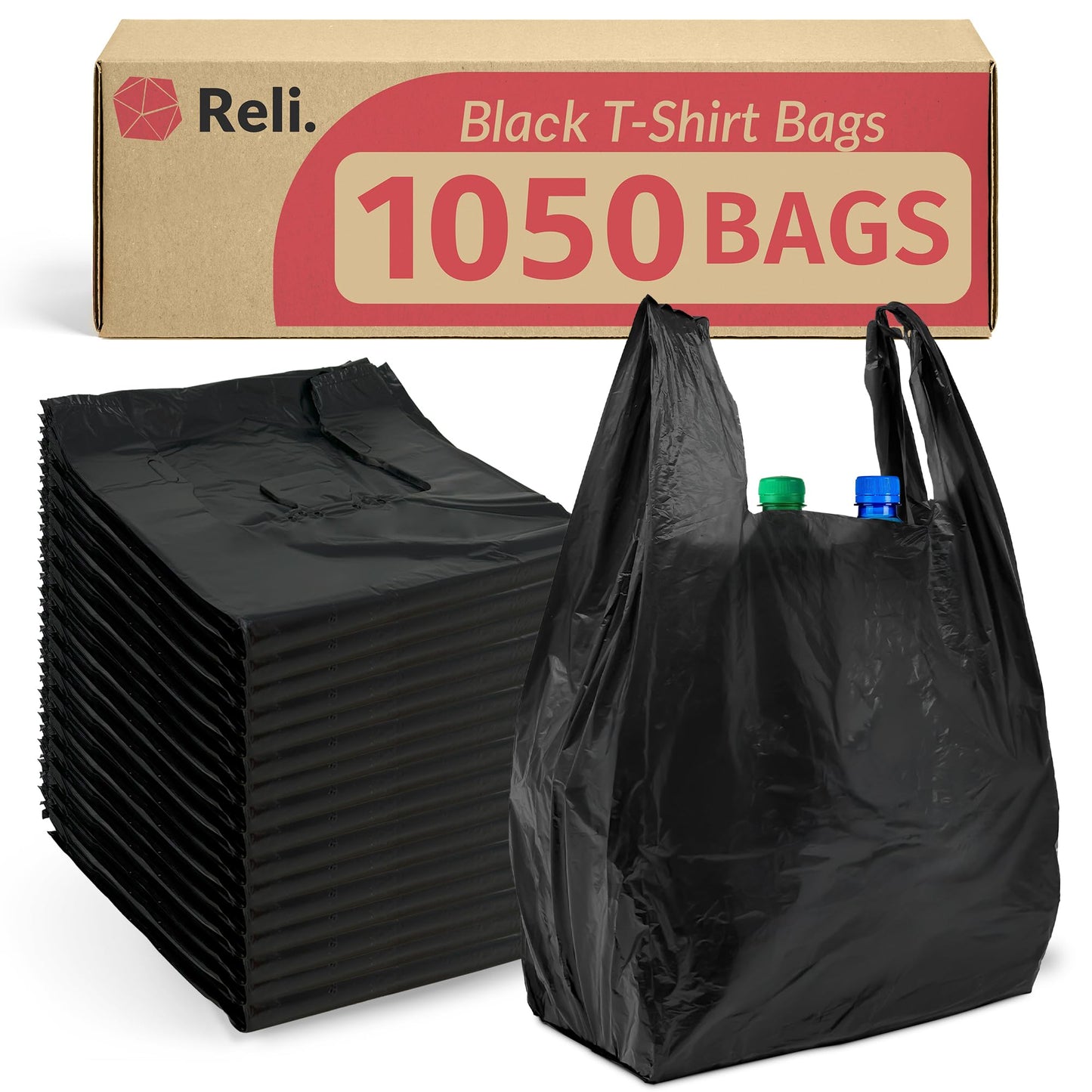 Reli. T-shirt Plastic Bags | 1,050 Pack | Black Plastic Bags with Handles (Plain) | Ideal for Grocery, Shopping, Food Take Out/To Go, Small Business