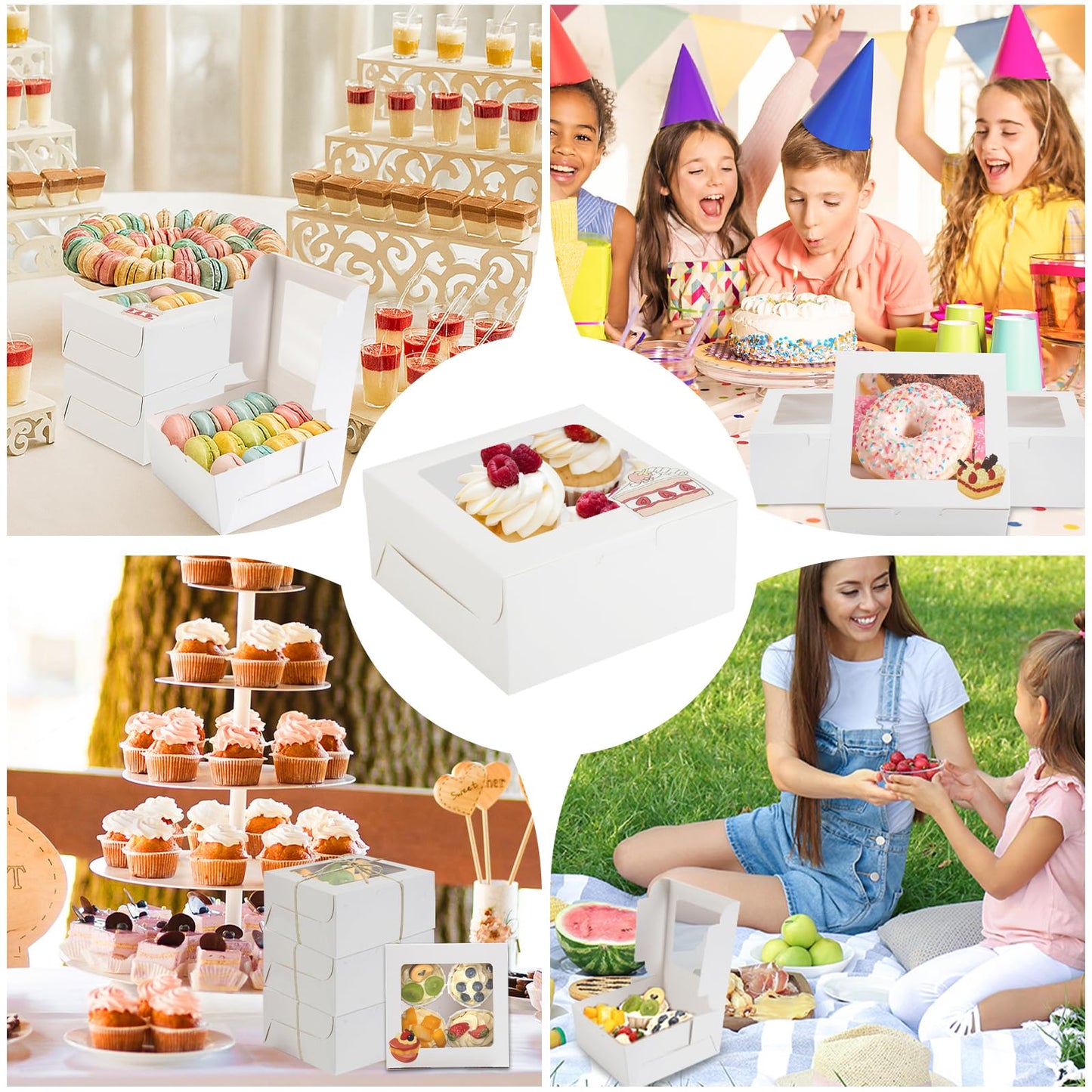 OAMCEG 50 Pack Cupcake Boxes with Window 6x6x3 Inches Cookie Boxes, Bakery Treat Boxes for Pastry, Desserts, Chocolate Strawberries, Cupcake Containers, Gift Giving with Stickers & Twine （White）