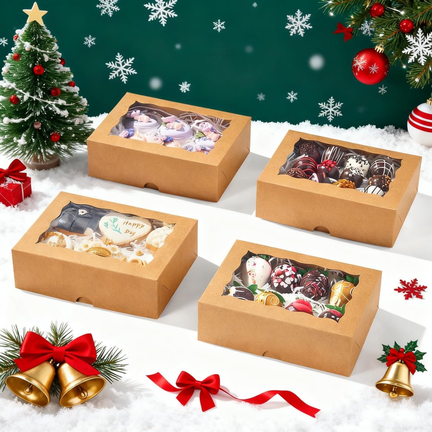 NEKSUNBAK 50 Pcs 8x6x2.5 Inch Brown Cookie Boxes with Window, Pastry Box for Chocolate Strawberries, Macarons, Truffles, Perfect for Thanksgiving Day, Mother's Day, Christmas Party Favors & Holiday