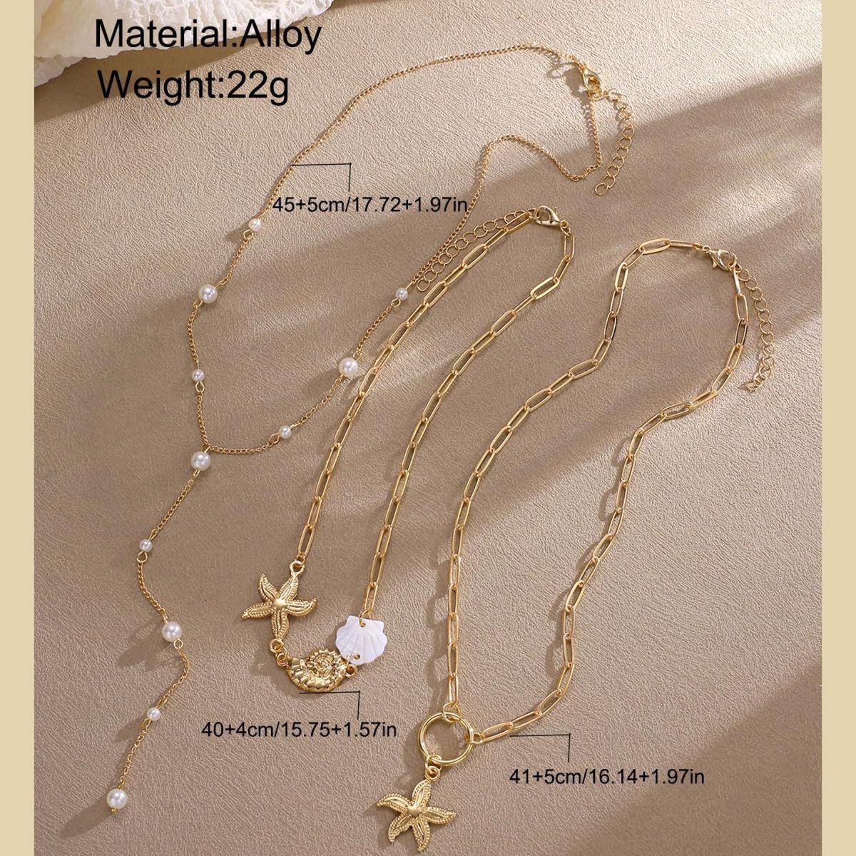 Gold Shell Starfish Necklace for Women Layered Pearl Conch Pendant Necklace Dainty Summer Beach Vacation Boho Jewelry (Gold 3pcs)