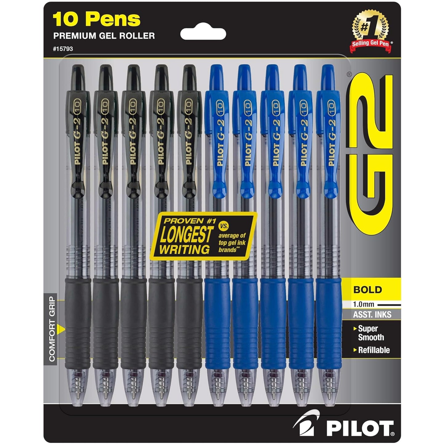 PILOT G2 Premium Gel Pens, Black Pens, Bold Point 1.0 mm, Refillable & Retractable Ballpoint Pens, 5 Black & 5 Blue, Pack of 10