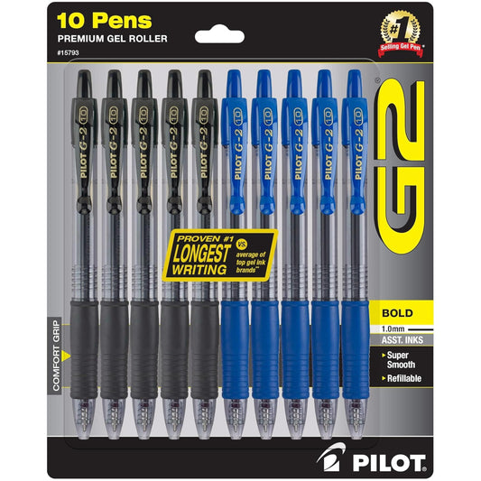 PILOT G2 Premium Gel Pens, Black Pens, Bold Point 1.0 mm, Refillable & Retractable Ballpoint Pens, 5 Black & 5 Blue, Pack of 10