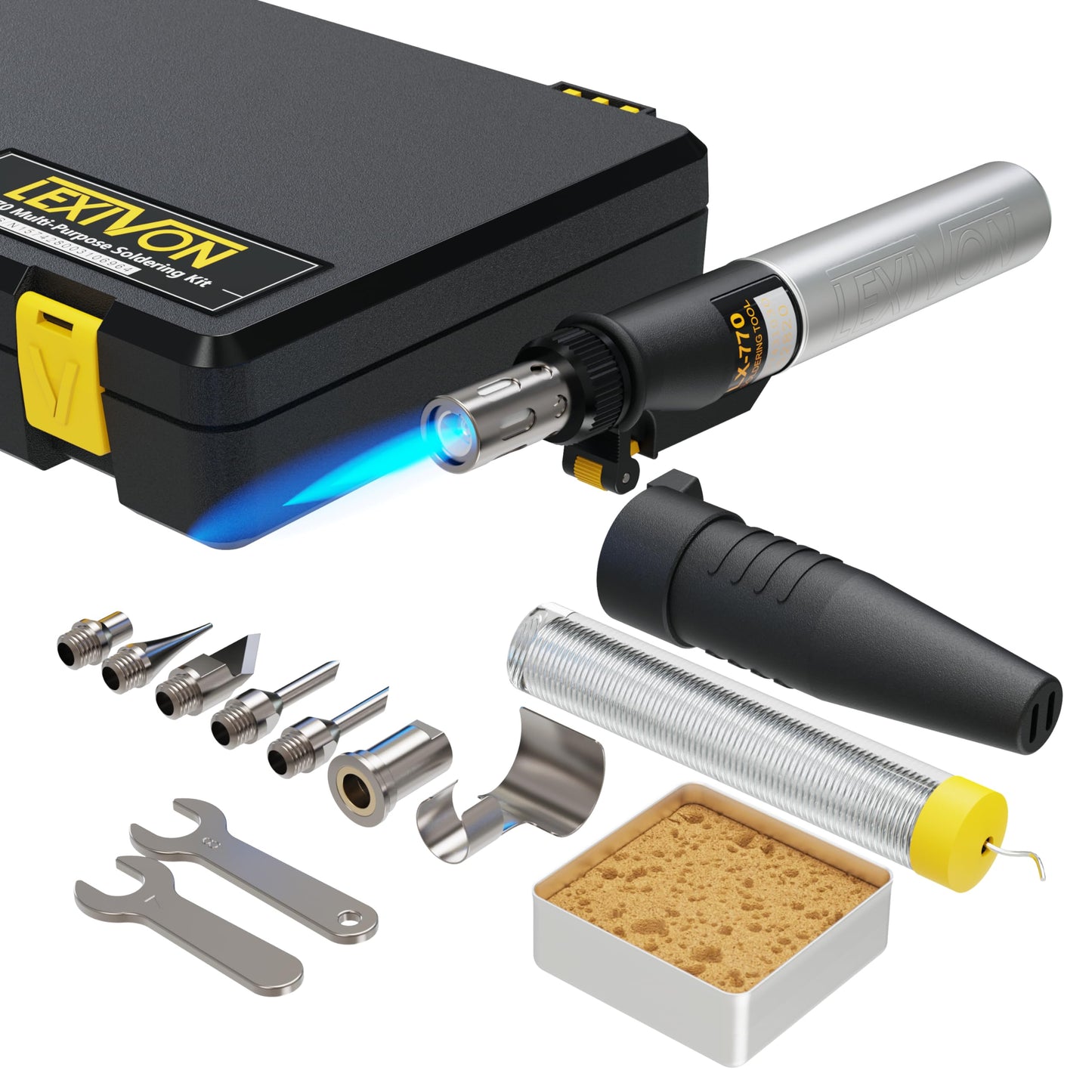 LEXIVON Butane Soldering Iron Multi-Purpose Kit | Cordless Self-Igniting Adjustable Flame 7-Tip Set | Pro Grade 125-Watt Equivalent (LX-770)