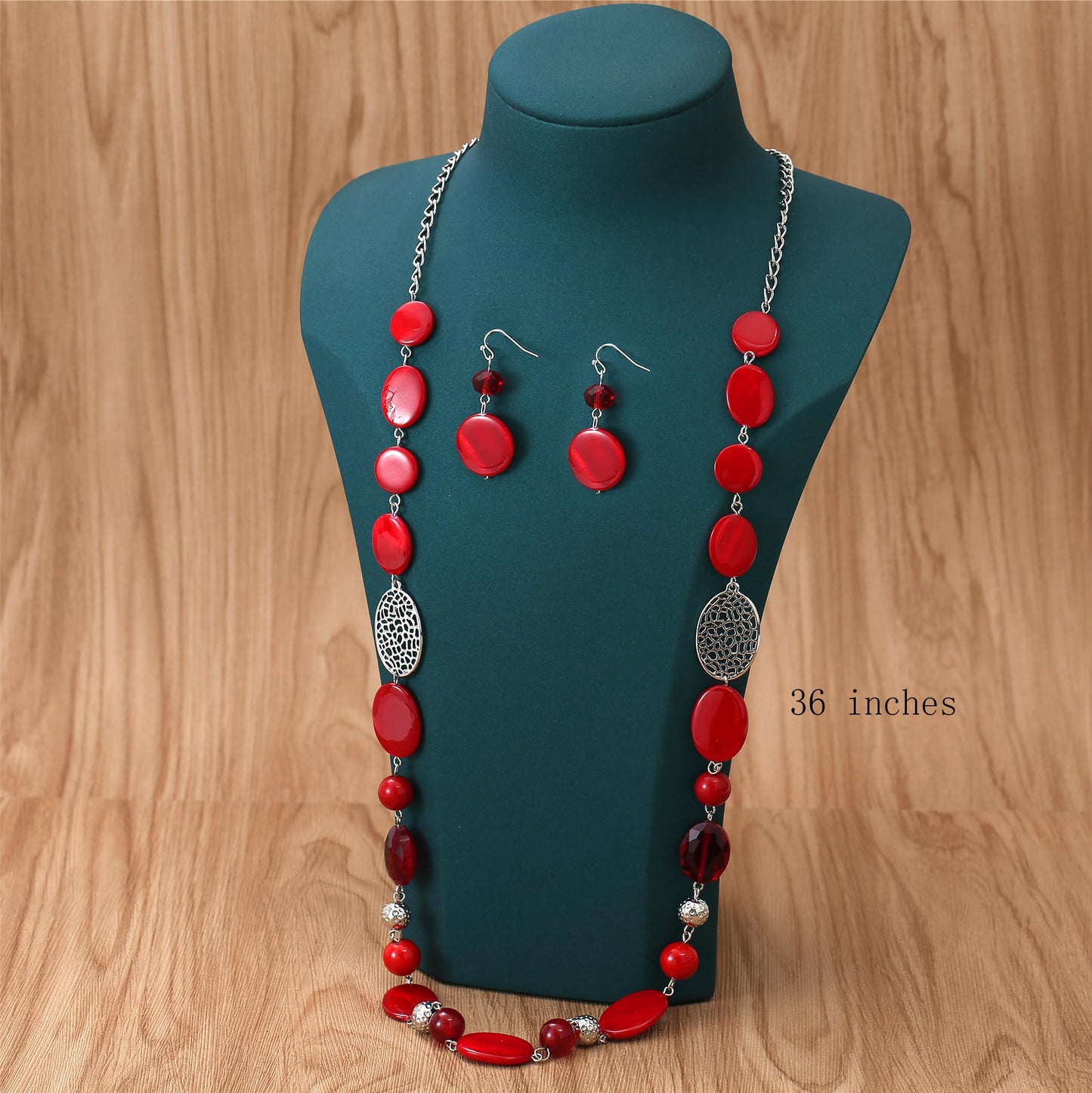 Aenu Beaded Long Necklace Set for Women Silver Gold Tone Sweater Chain Stone Crystal Beads Necklace Trendy Fashion Jewelry for Holiday Gifts (Red)