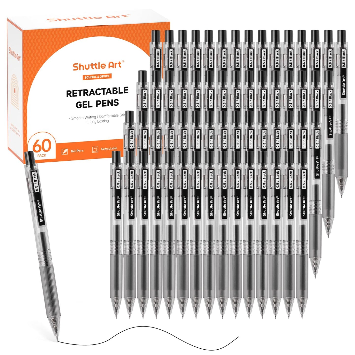 Shuttle Art Black Gel Pens, Ink Glide Series 60 Pack Retractable 0.5mm Fine Point Rollerball Gel Ink Pens Bulk Set Quick Drying Smooth Writing with Grip for Journaling Note Taking Office School Home
