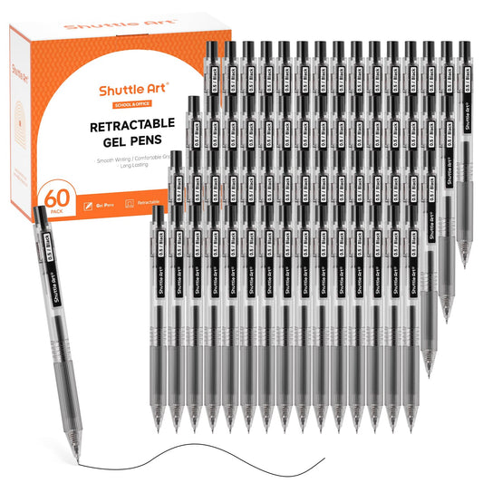 Shuttle Art Black Gel Pens, Ink Glide Series 60 Pack Retractable 0.5mm Fine Point Rollerball Gel Ink Pens Bulk Set Quick Drying Smooth Writing with Grip for Journaling Note Taking Office School Home