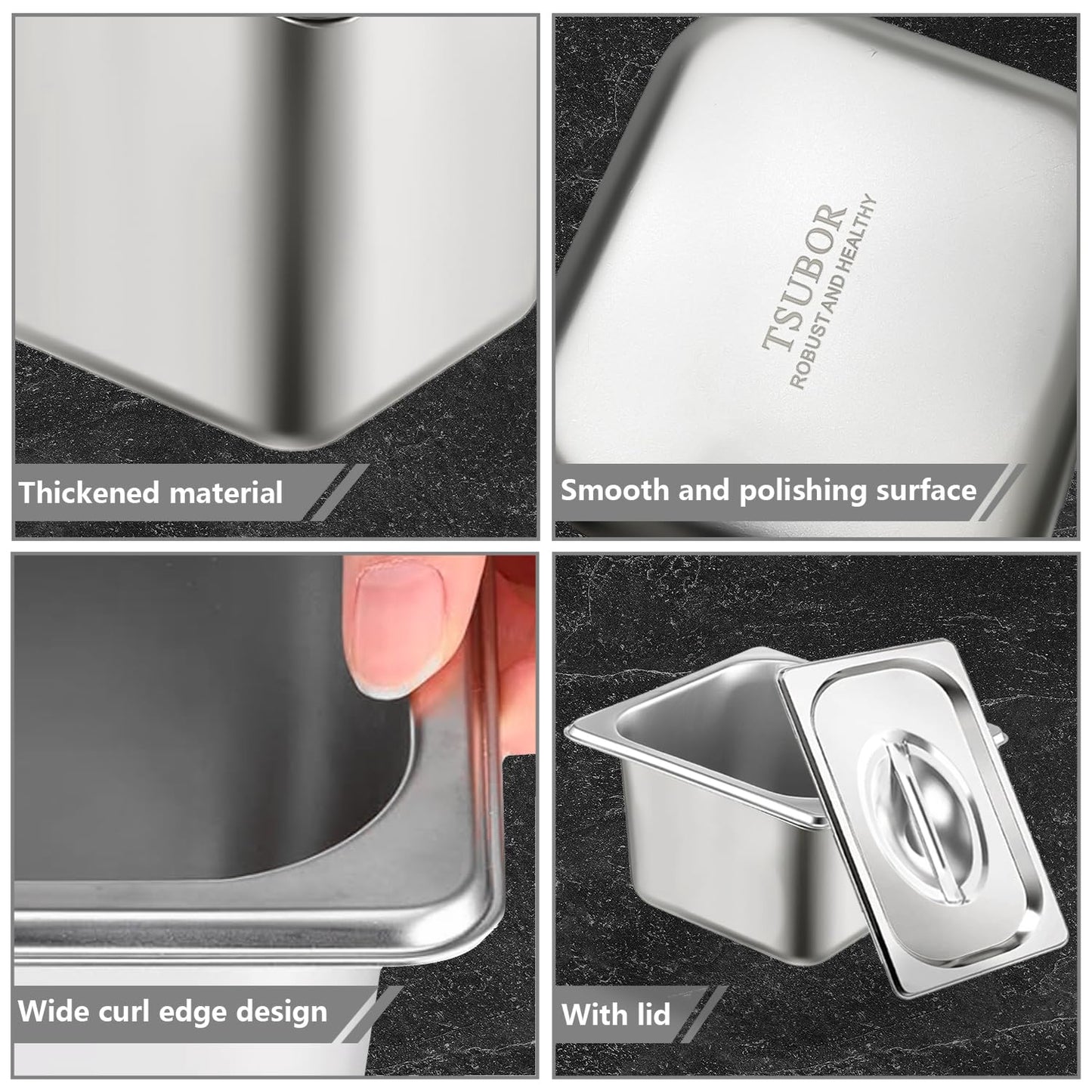 TSUBOR 6 Set Stainless Steel Hotel Pans 1/6 Size 4 Inch Deep With Lids, Anti-Jam Chafing Steam Table Pans, Catering Food Storage Metal Pan