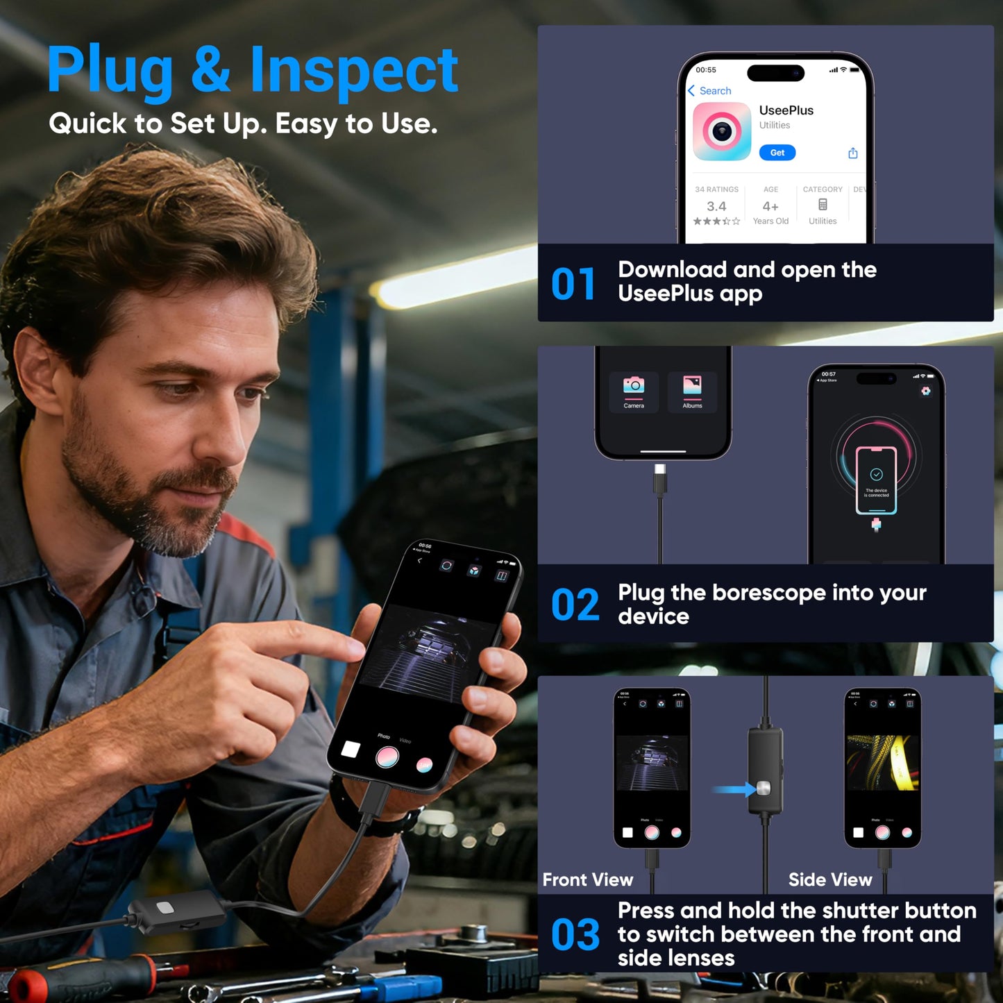 [Dual-Lens] Endoscope Camera with Light,1920P HD Borescope with 8+1 Adjustable LED Lights, IP67 Waterproof Endoscope with Semi-Rigid Snake Cable, Inspection Borescope for iOS and Android-16.4ft