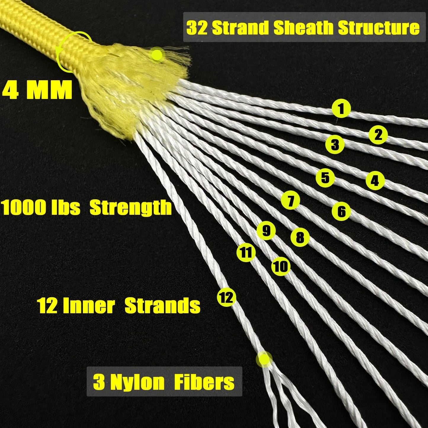 VVAAGG 1000 Paracord Rope, 50ft 12 Strand Parachute Cord for Crafting, DIY Projects, Survival Bracelets, Camping, Tent, Clothsline, Outdoor Hiking, Fishing (Yellow, 50FT)