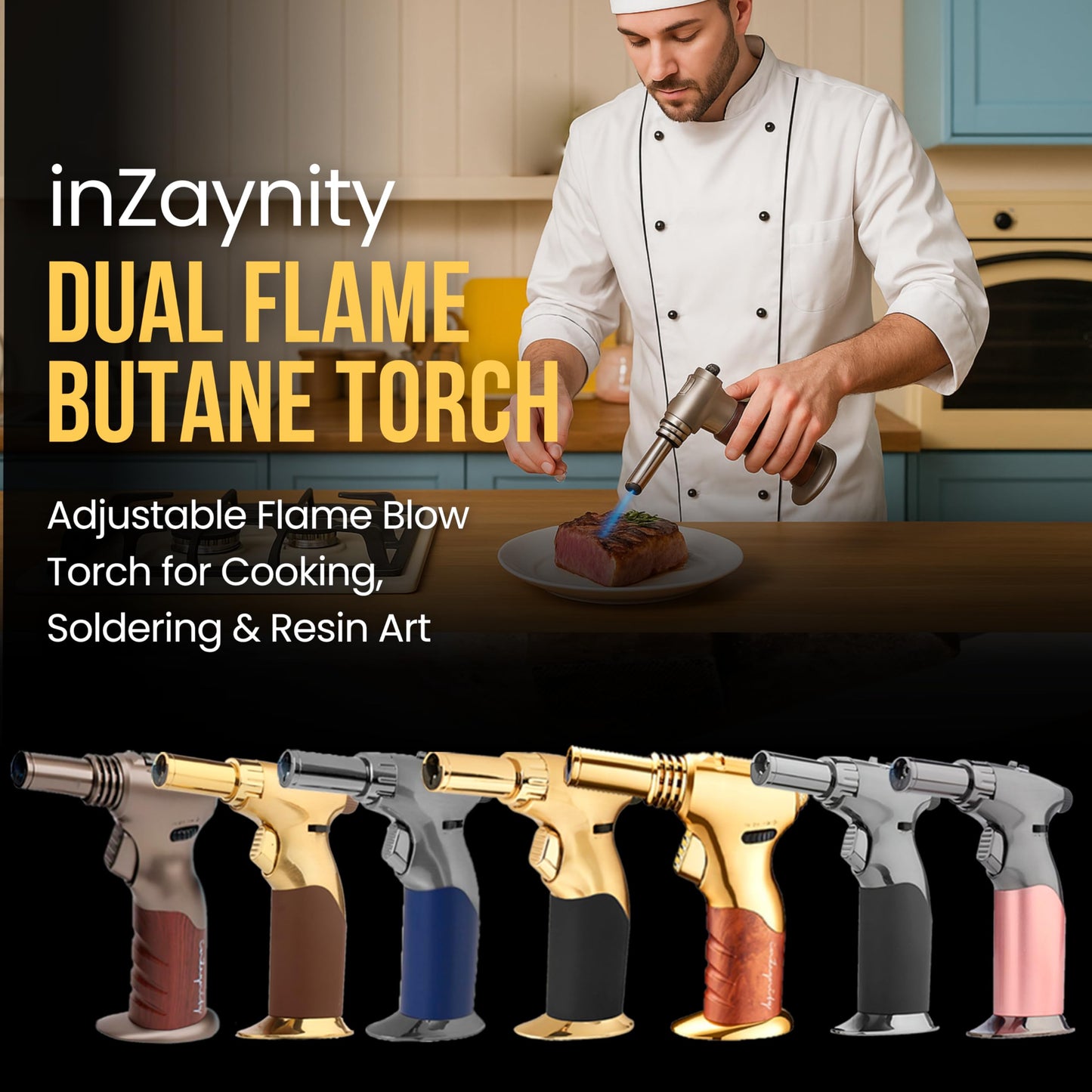 Dual Flame Butane Torch Gun - Refillable Luxury Hand Held Mini Blow Torch for Cooking, Creme Brulee, Soldering, Welding, & Resin Art - Adjustable Flame with Ignition Lock - Gold Brown by inZaynity®