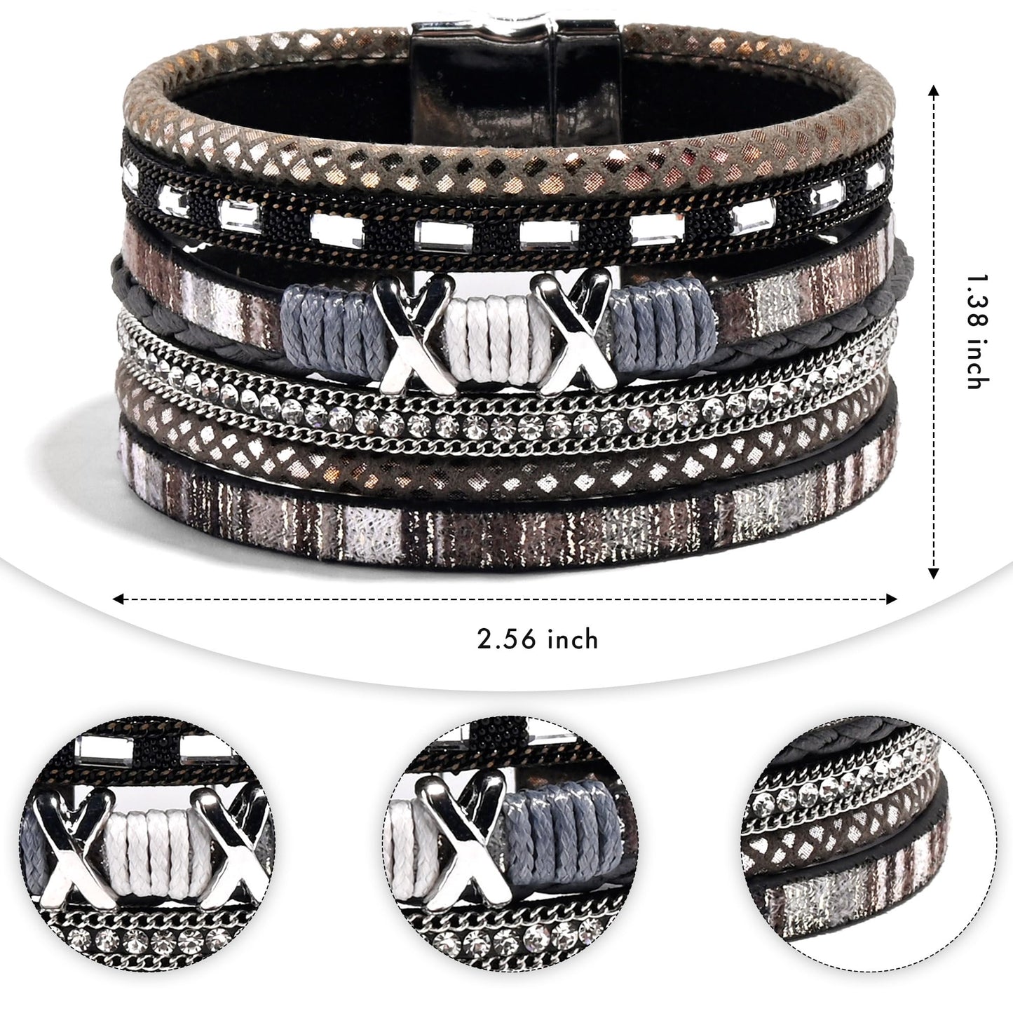 VIBILIA Boho Leather Wrap Bracelets for Women Trendy Layered Multi-Layer Boho Bracelets with Strong Clasp Jewelry for Women-Black