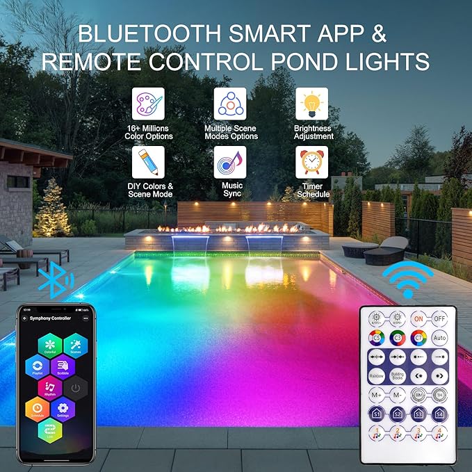 RGB Underwater Pond Lights, Super Bright 18 LED Submersible Fountain Lights Color Changing Spotlights, Bluetooth APP Control IP68 Waterproof for Fish Aquarium Tank Garden Yard Pool(Set of 8)