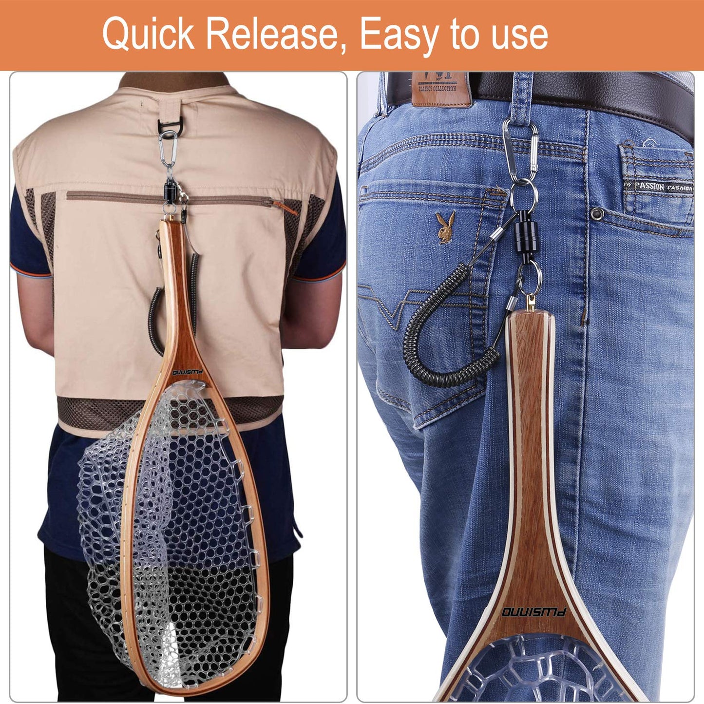 PLUSINNO Fly Fishing Net with Wooden Frame and Magnetic Release, Soft Rubber Mesh for Trout and Bass Catch and Release