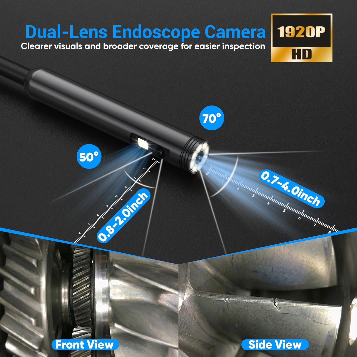 [Dual-Lens] Endoscope Camera with Light,1920P HD Borescope with 8+1 Adjustable LED Lights, IP67 Waterproof Endoscope with Semi-Rigid Snake Cable, Inspection Borescope for iOS and Android-16.4ft