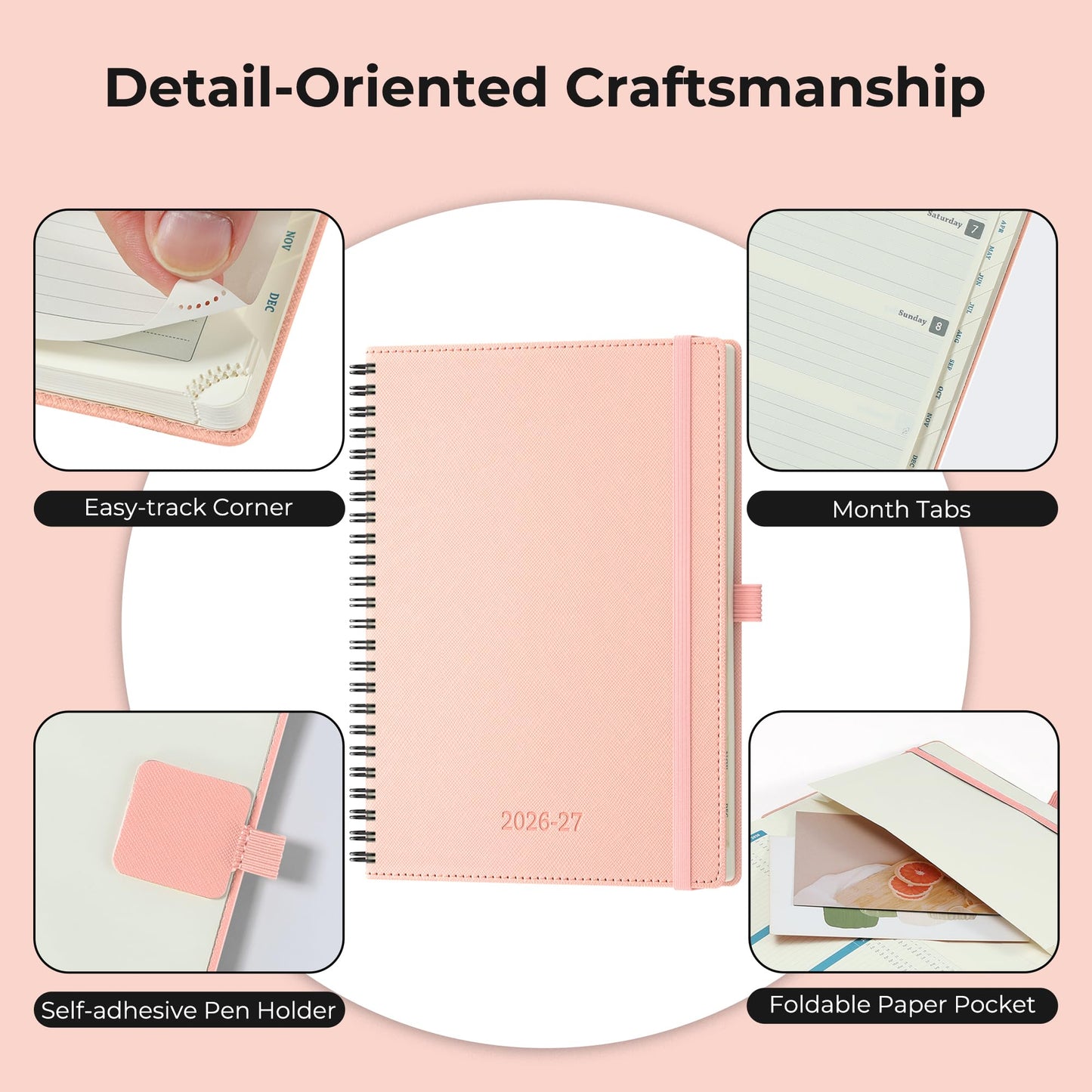 IN-LUXPRO Planner 2026-2027 Daily Weekly and Monthly,8.5"x6.5",18 Months Spiral Bound Calendar Agenda with Self-adhesive Pen Holder,2026 Academic Plan with Vegan Leather Soft CoverPink