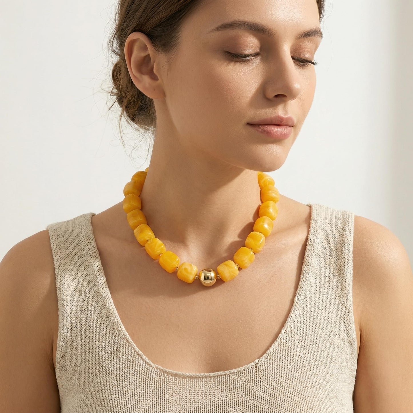 BREPINE Bright Yellow Chunky Necklaces for Women Multicolored Large Square Resin Beads Necklace Trendy Bold Statement Beaded Summer Candy jelly Vacation Choker