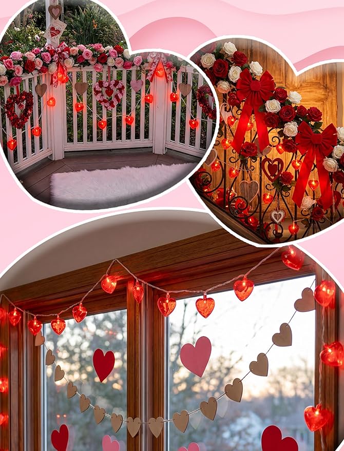 8.5Ft Valentine's Day Heart String Lights, Valentine Decorations Fairy String Lights with 10 Red Heart Lights, Connectable Love Heart Lights for Valentine's Day, Party, Wedding, Holiday Decorations