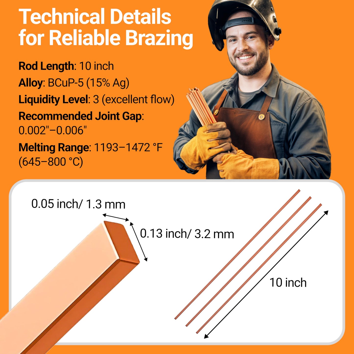 15pcs Brazing Rods AWS BCuP-5 15% Silver Solder Phos Copper Brazing Alloy Flat Welding Rods 0.050"x1/8"x10" for HVAC, Refrigeration, and Industrial Applications