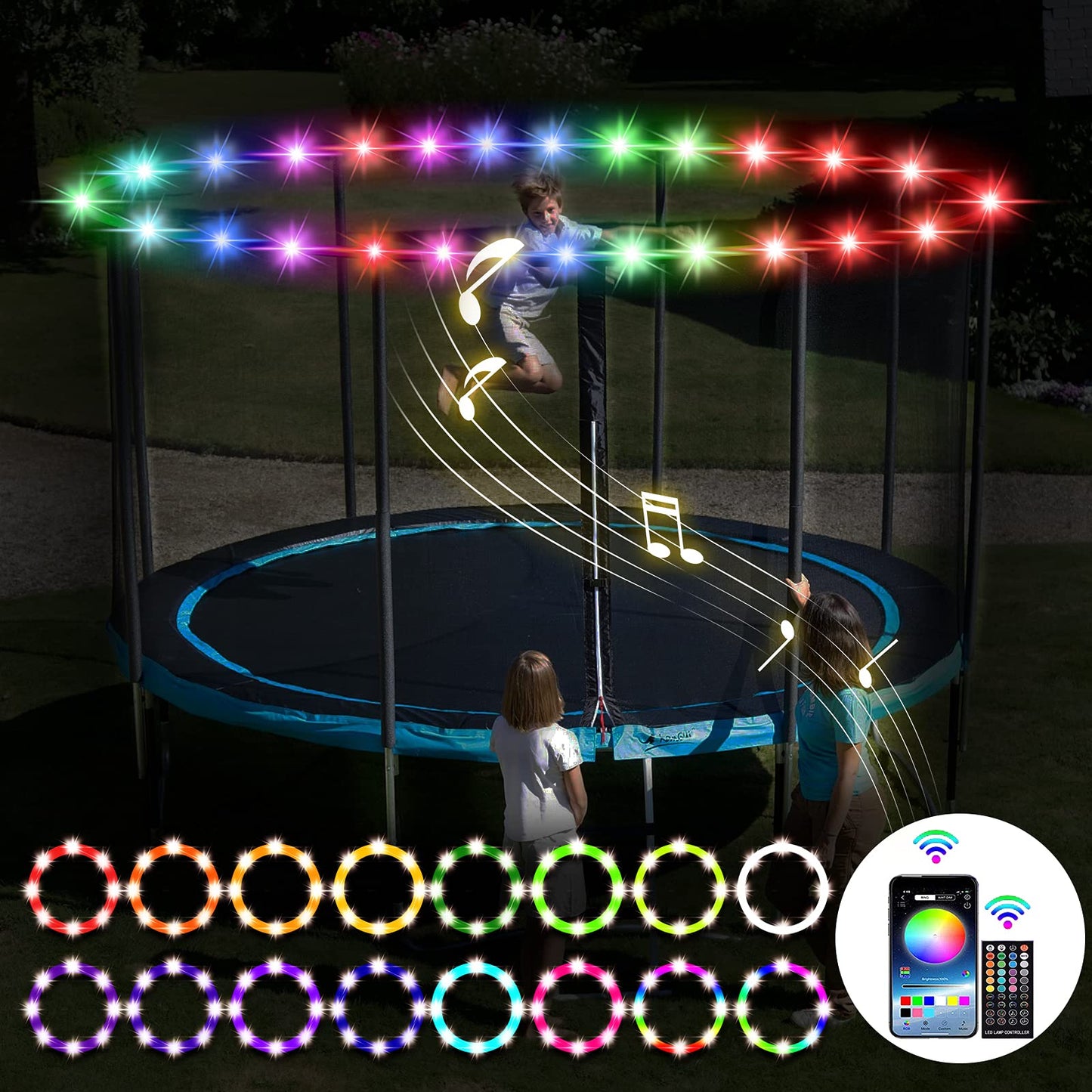 SUVEUS 52Ft Trampoline Lights, Waterproof LED Lights for 16Ft 15Ft 14Ft 12Ft 10Ft Trampoline, 16 Colors Change with Remote and App Control, Sync up to Music, Super Bright for Kids to Play at Night