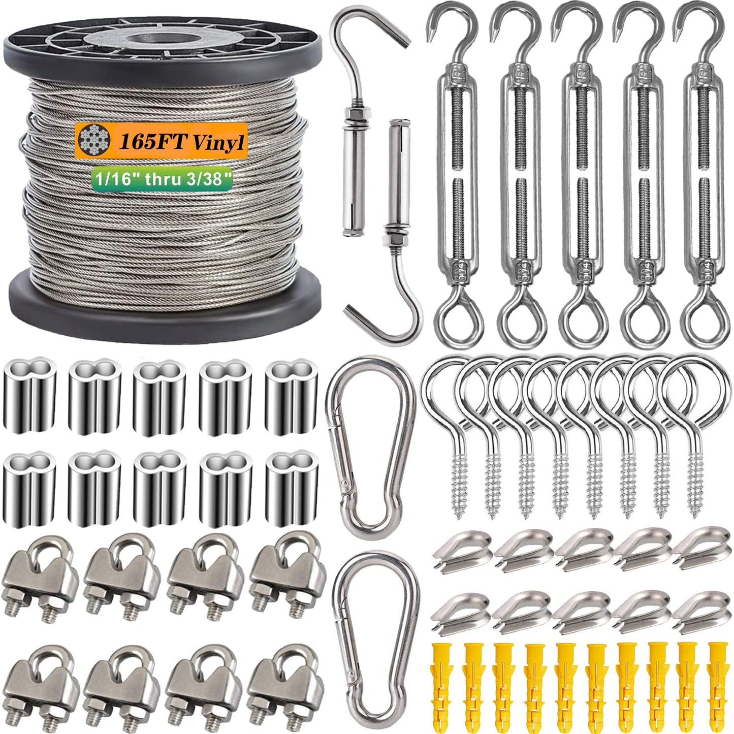 Roxanned 1/16" Wire Rope Kit, 165ft 304 Stainless Steel Cable 7x7 Strand Core, Vinyl Coated Aircraft Cable with Turnbuckle | Easy Install for Outdoor String Lights Hanging, Garden, Craft & Support