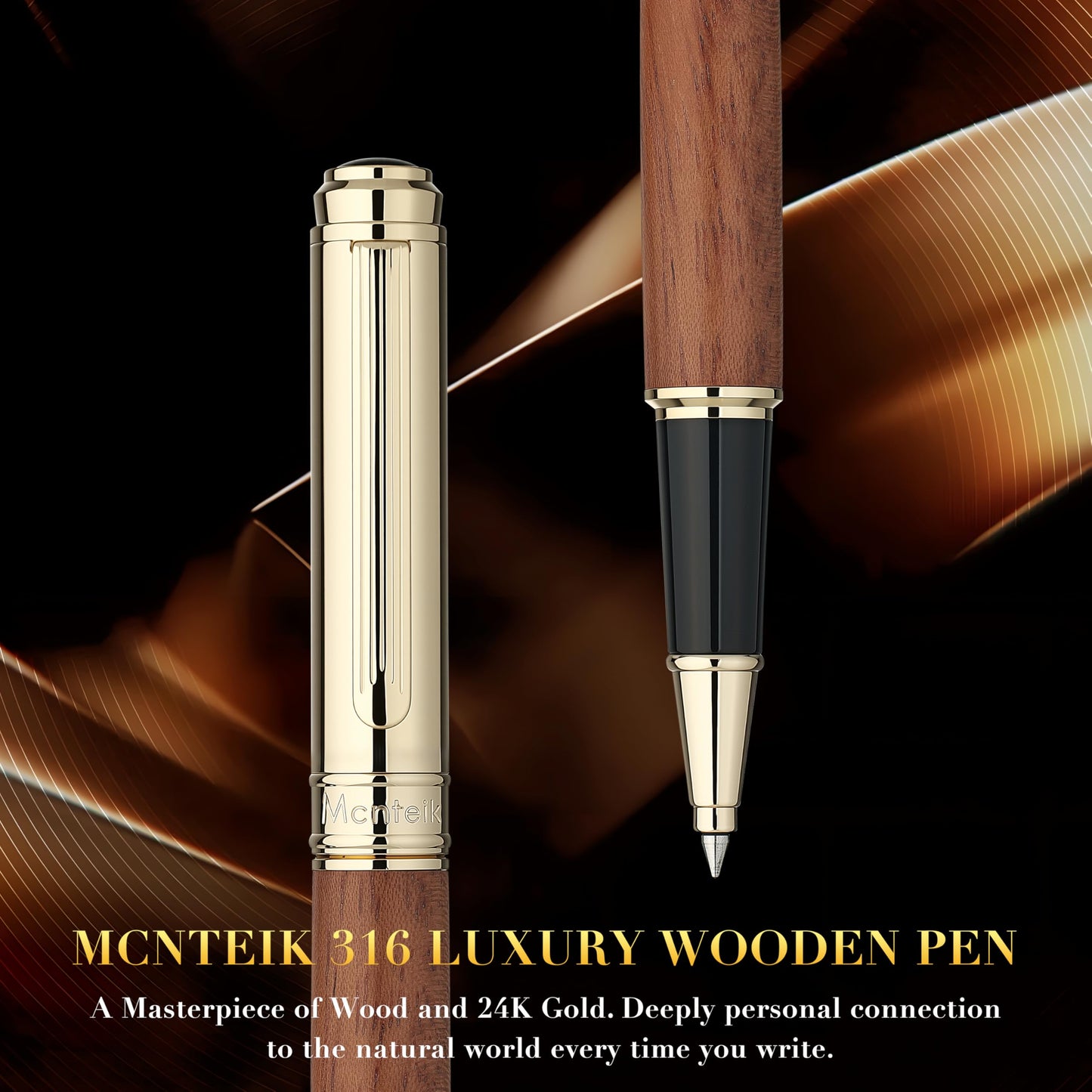 MCNTEIK 316 Luxury Journaling Pen, Nice Natural Wood for Writing, 24K Gold Accents, Schmidt refill, Fancy Rollerball, Gift Set for Men & Women, Executive & Professional Christmas Office, Pens-Rosewood