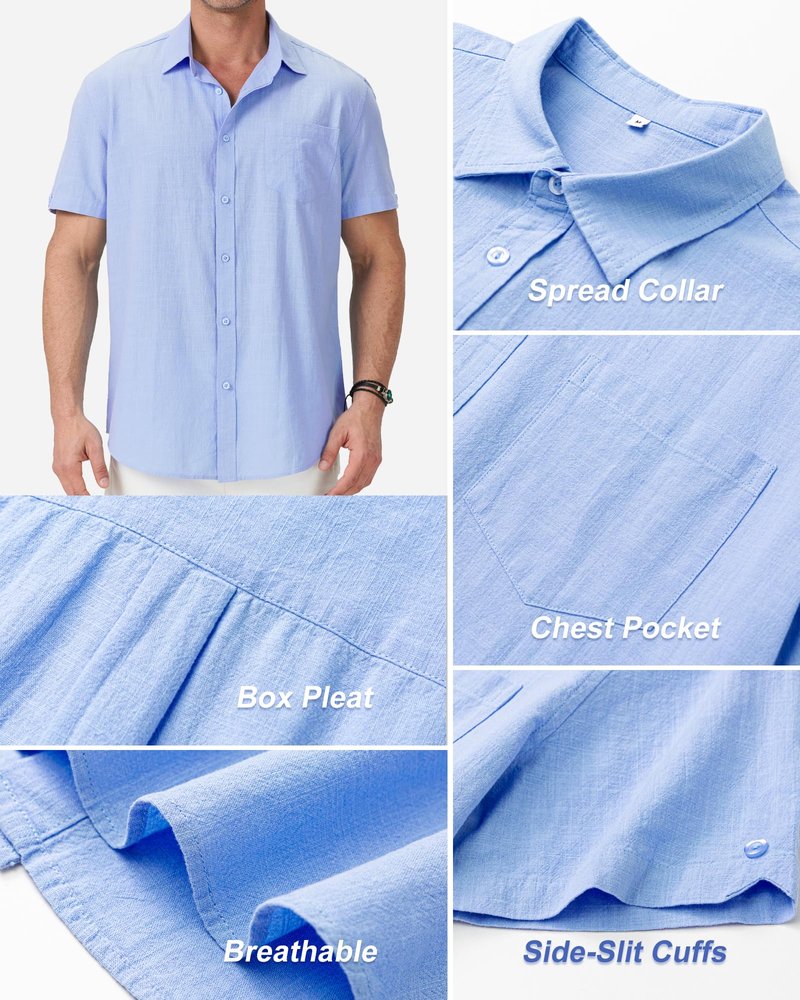 MLYENX 3 Pack Mens Linen Shirts Button Down Short Sleeve Shirt Casual Summer Beach Vacation Tops with Pocket