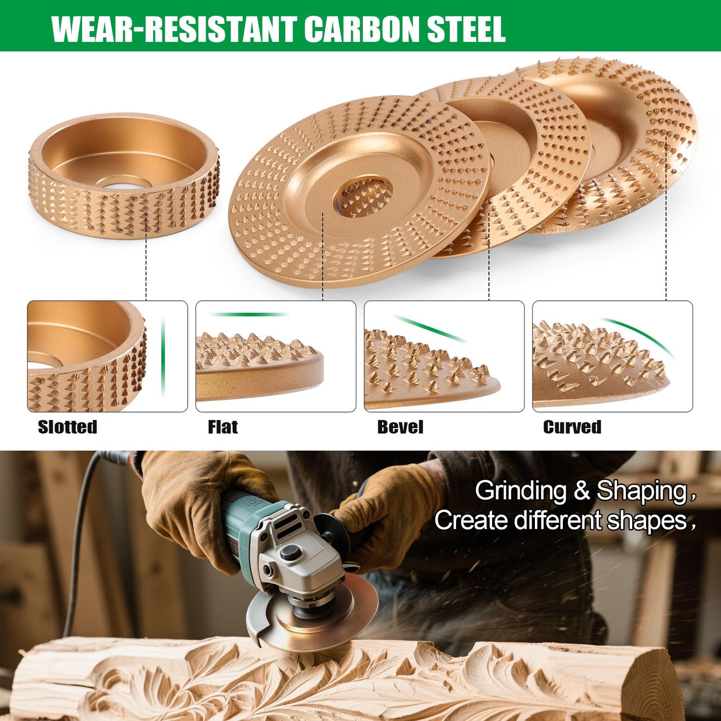 14pcs Wood Carving Disc Set for 4 in 4.5 in Angle Grinder, Woodworking Grinding Wheels Kit with 7/8"-5/8" Arbor for Quick Rough Cutting Shaping Sanding Polishing