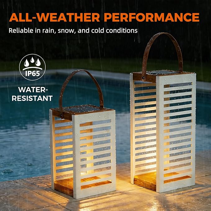 Solar Yard 2-Pack Outdoor Floor Lamp Solar Powered Light, Patio Waterproof Metal Solar Lantern with Handle, Plant Decor for Patio, Yard, Porch, Large+Small White