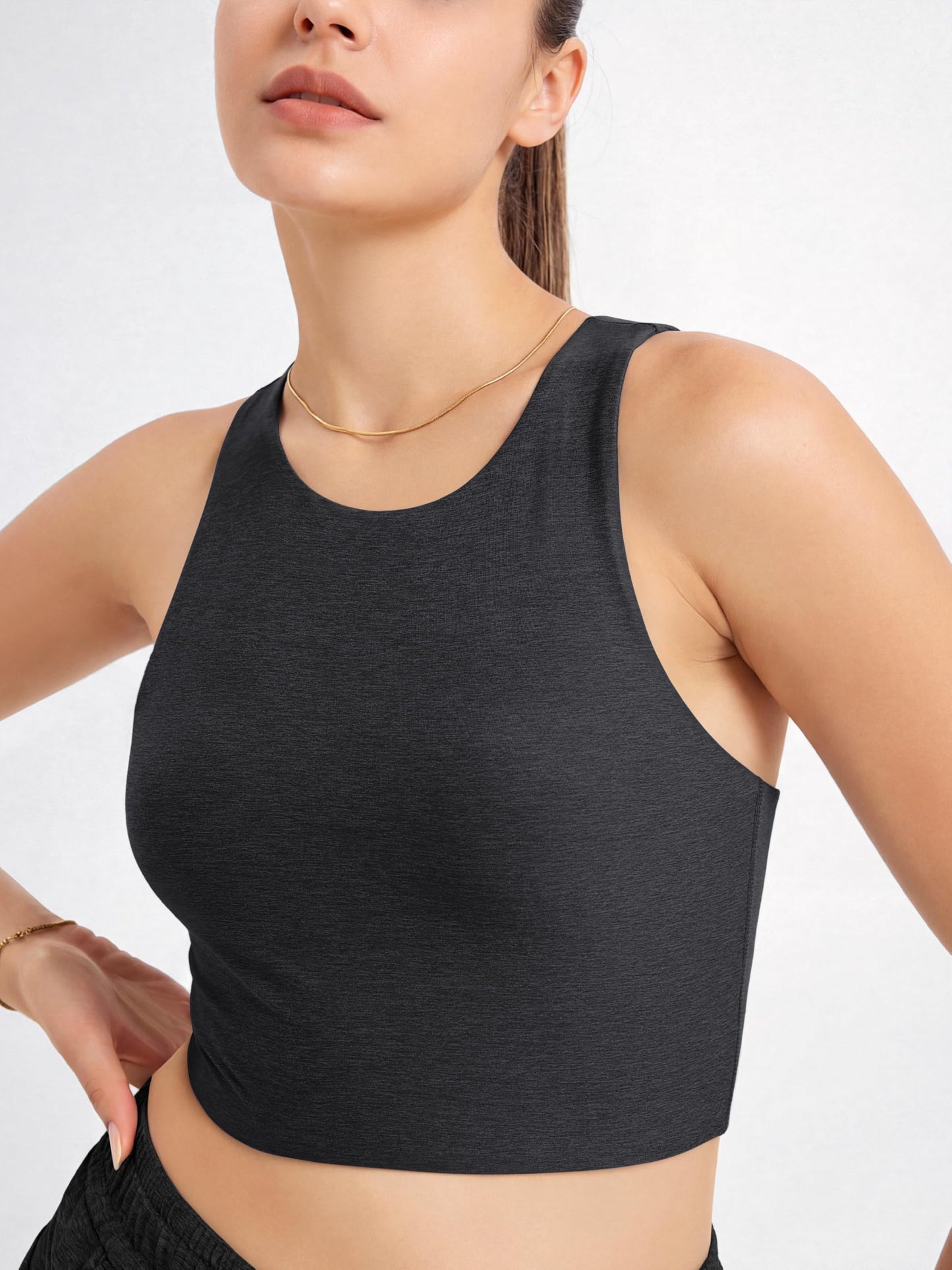 ODODOS Women's Racerback Tank Bra High Neck Non Padded Medium Support Sports Bra Ultra Soft odSTRATUM Tech Yoga Crop Tops, Black Heather, Medium