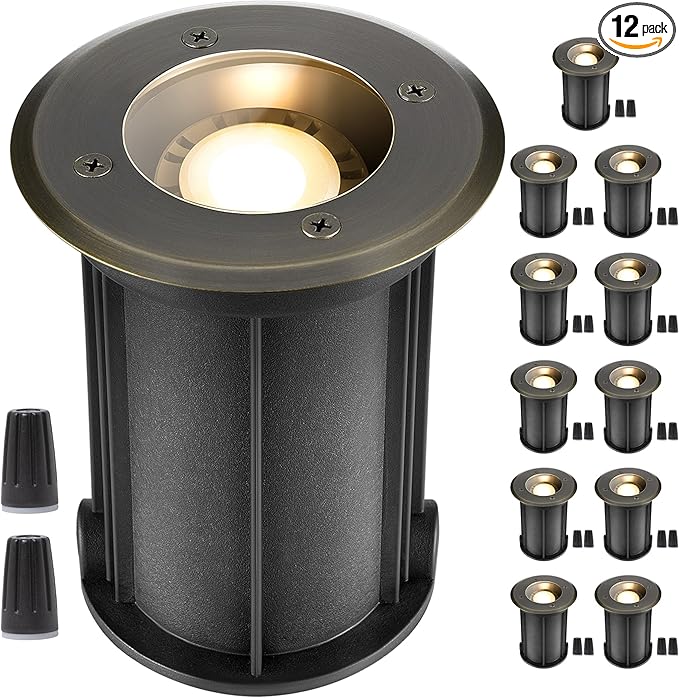 Gardenreet Landscape Well Lights Brass - Ip65 Electric Hardwired Low Voltage In Ground Lighting, LED 12V Waterproof Directional Fixture, Antique Bronze for Tree Pathway Wall Without MR16 Bulb