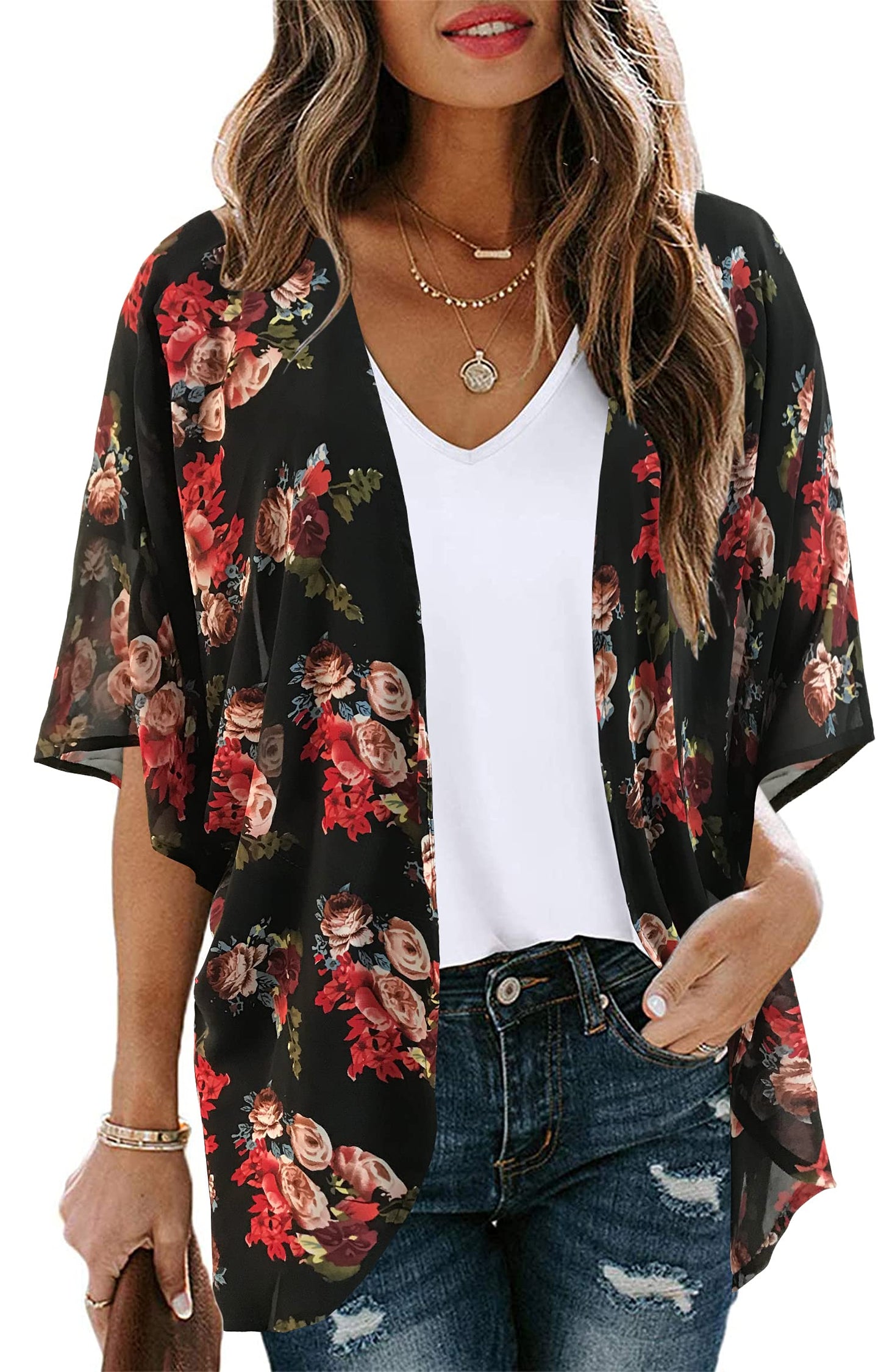 Women's Floral Print Puff Sleeve Kimono Cardigan Loose Cover Up Casual Blouse Tops(BLACK L)