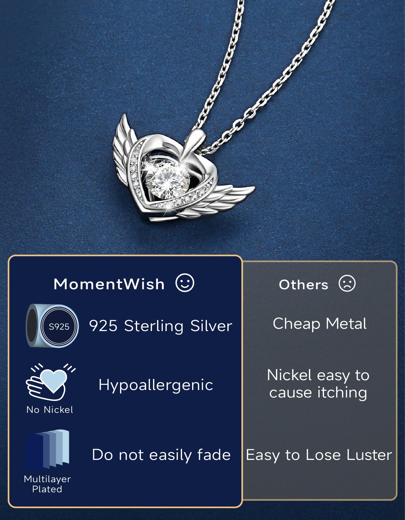 MomentWish Angel Wings Sterling Silver Necklace for Women 1 Carat D Color VVS1 Moissanite Dancing Diamonds Necklace Fashion Jewelry for Party Formal Outfits
