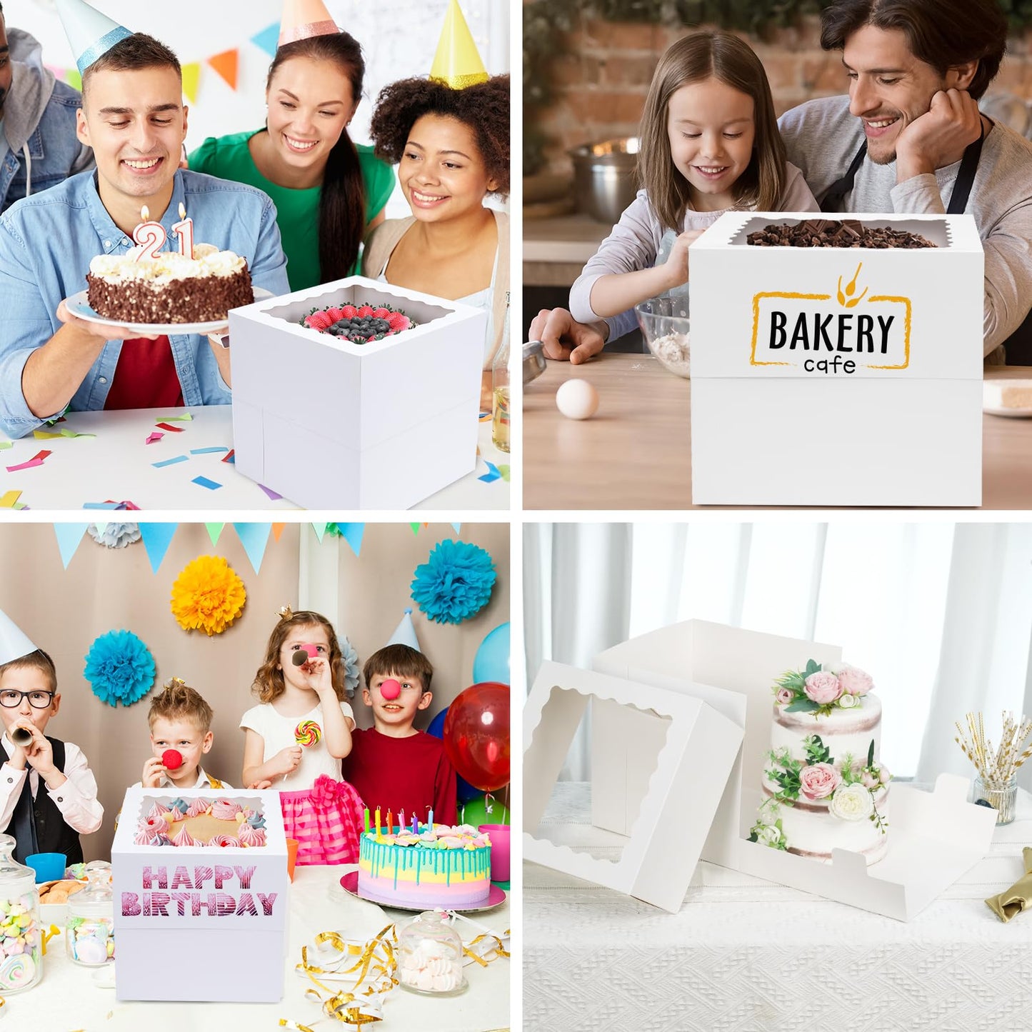 Moretoes 16 Pack Cake Boxes, 12x12x12 Inch Tall Cake Containers with Window for Tier Cakes, Disposable Sturdy Bakery Carrier with Lids, for Valentine's Day, Mother's Day, Wedding, Birthday