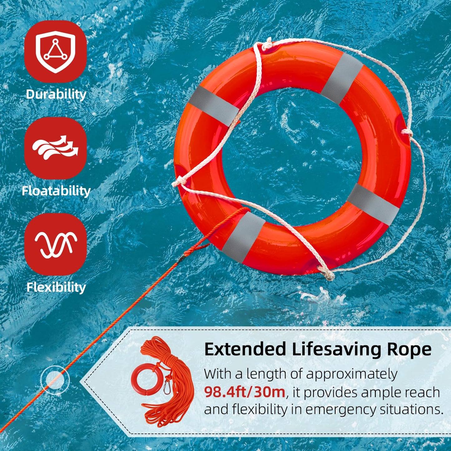 Calvana 28 Inch Life Ring Buoy with Grab Rope, Marine Throw Ring Lifebuoy for Boat Dock Pool Waterfront Safety, Closed-Cell Polyurethane Foam Core, High-Strength Polyethylene Shell, Red