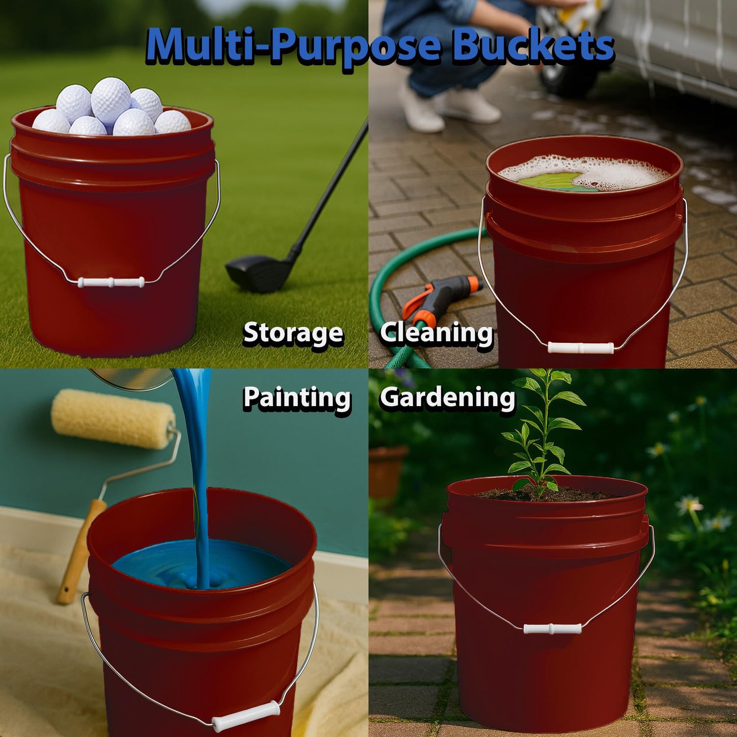 MKS Plastics 5-Gallon Bucket with Airtight Lid – Made in USA, Food Grade BPA Free Plastic, Heavy Duty Multi-Use, Metal Handle with Grip, Stackable Storage – Burgundy, 6 Pack
