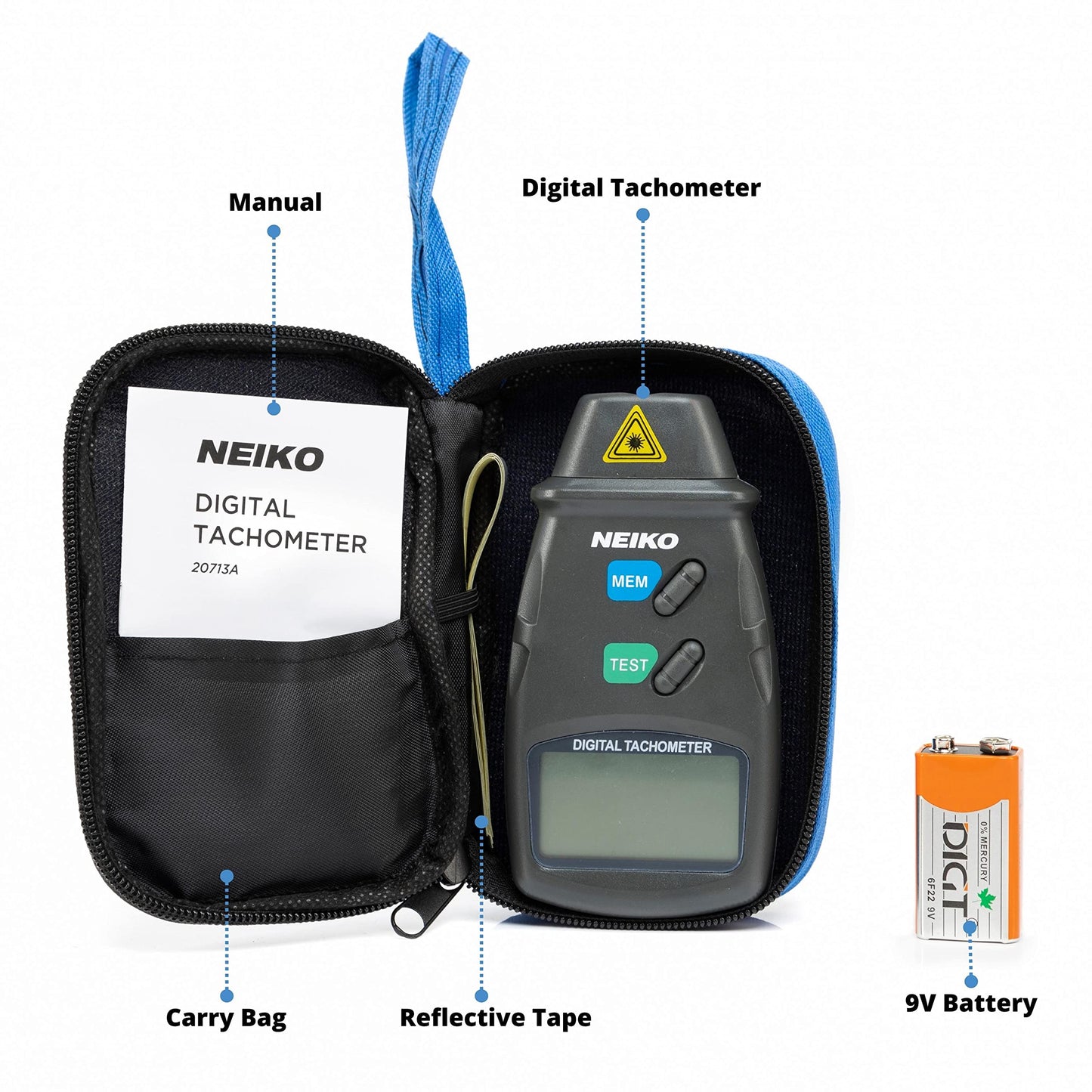 NEIKO 20713A Digital Tachometer, Noncontact Laser Photo Sensor with 2.5 to 99,999 RPM Accuracy, RPM Gauge Marker with Batteries Included