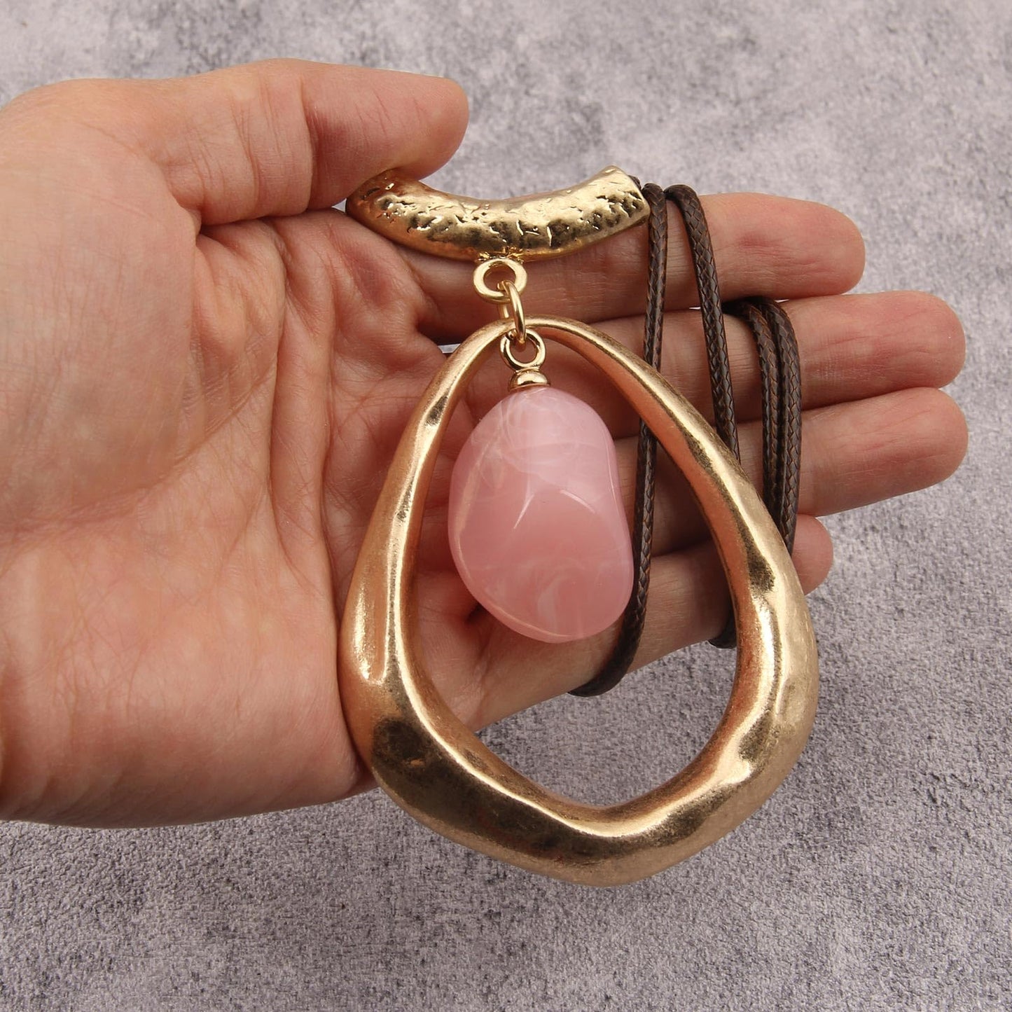 joymiao Vintage Pendant Necklace for Women Long Boho Choker Large Gold Pendant with Pink Stone Hippie Womens Bohemian Necklace