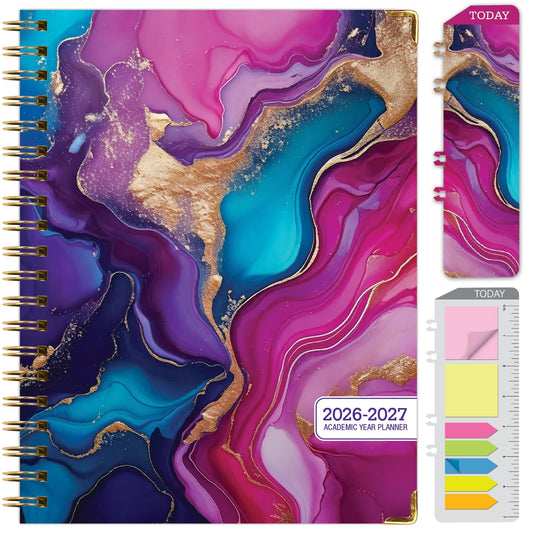 HARDCOVER Academic Year 2026-2027 Planner: 14 Months (May 2026 Through June 2027) 8.5"x 11" Daily Weekly Monthly Planner Yearly Agenda. Bookmark, Pocket Folder and Sticky Note Set (Pink Purple Marble)