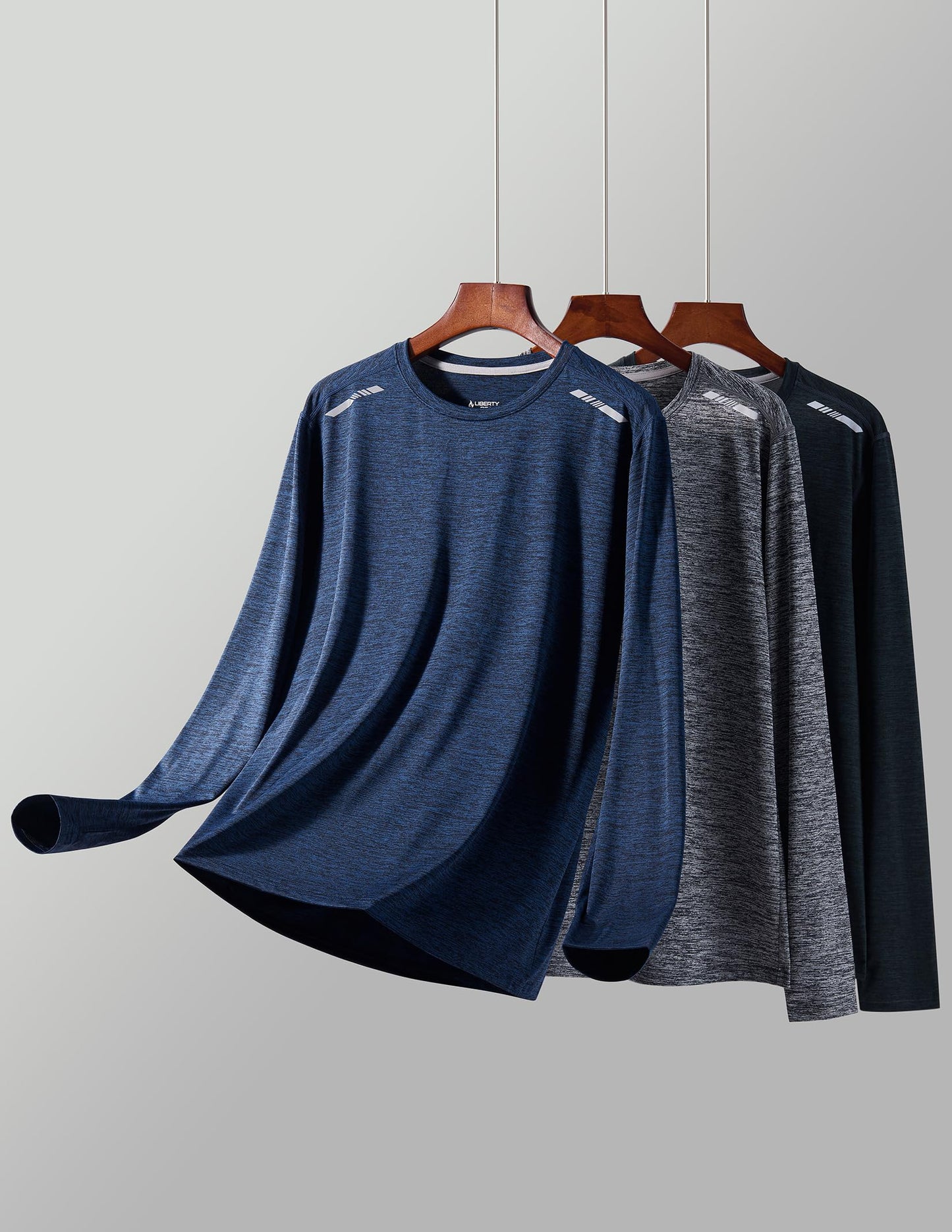 Liberty Imports 3 Pack Men's Long Sleeve Workout Shirts, Dry Fit Moisture Wicking Athletic Tops with Thumbholes (Set 1, Large)