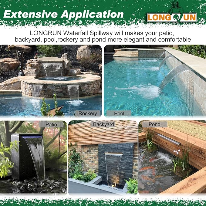 LONGRUN Stainless Steel Waterfall Spillway, APP Control Multi-Color LED Light Outdoor Pool Fountain, Water Spillway Koi Pond Waterfalls Fountains Kit for Garden Patio Swimming Pool Decoration-11.8"