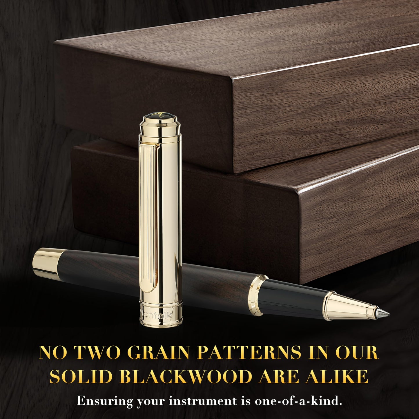 316 Luxury Journaling Pen, Nice Natural Wood for Writing, 24K Gold Accents, Schmidt refill, Fancy Rollerball, Wooden Gift Set for Men & Women, Executive & Graduation Work Christmas Pens-Blackwood