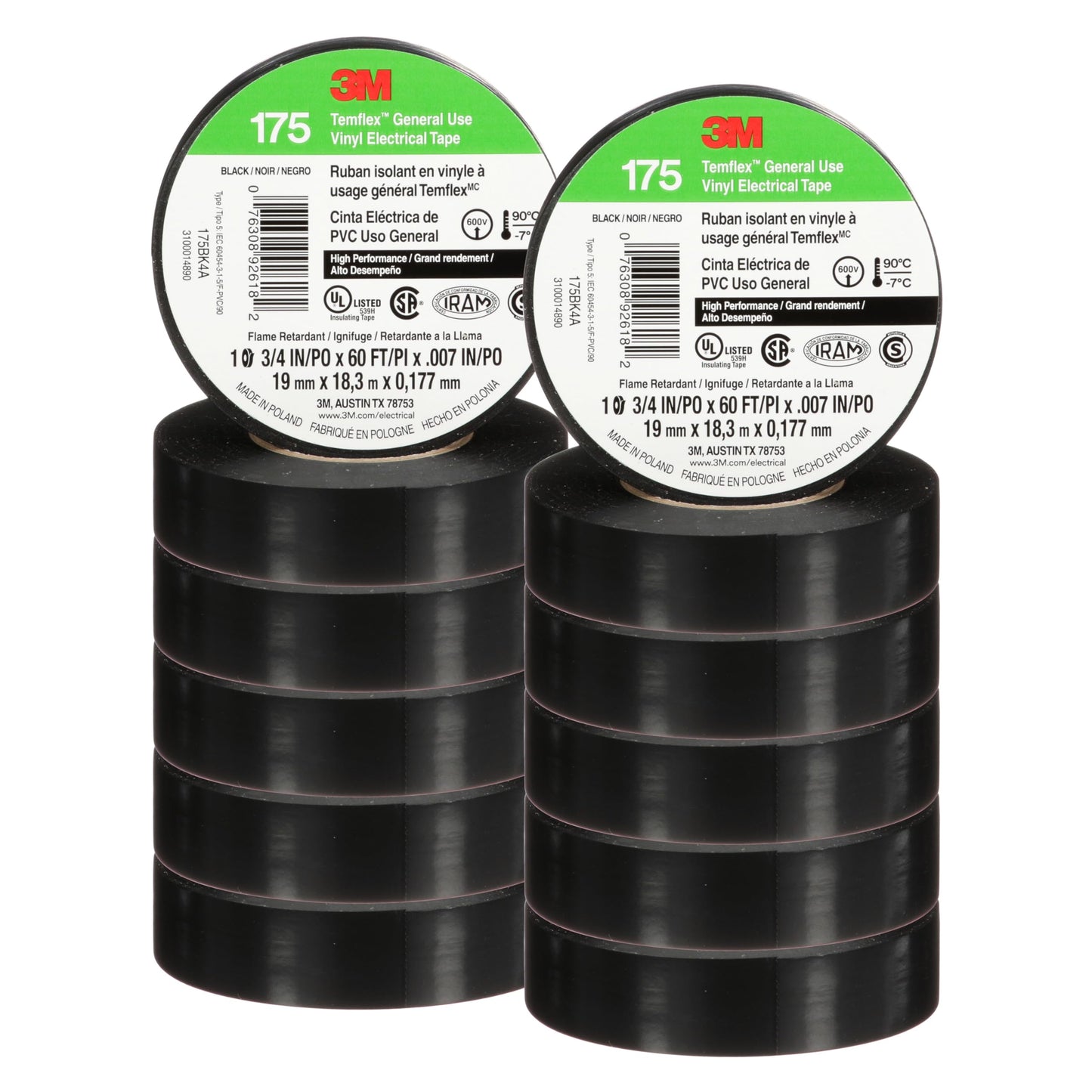 3M Temflex Vinyl Electrical Tape 175, Flame Retardant, Pressure-Sensitive Adhesive, Electrical and Mechanical Protection, Black, 7 mil, 3/4 in x 60 ft, 10 Rolls