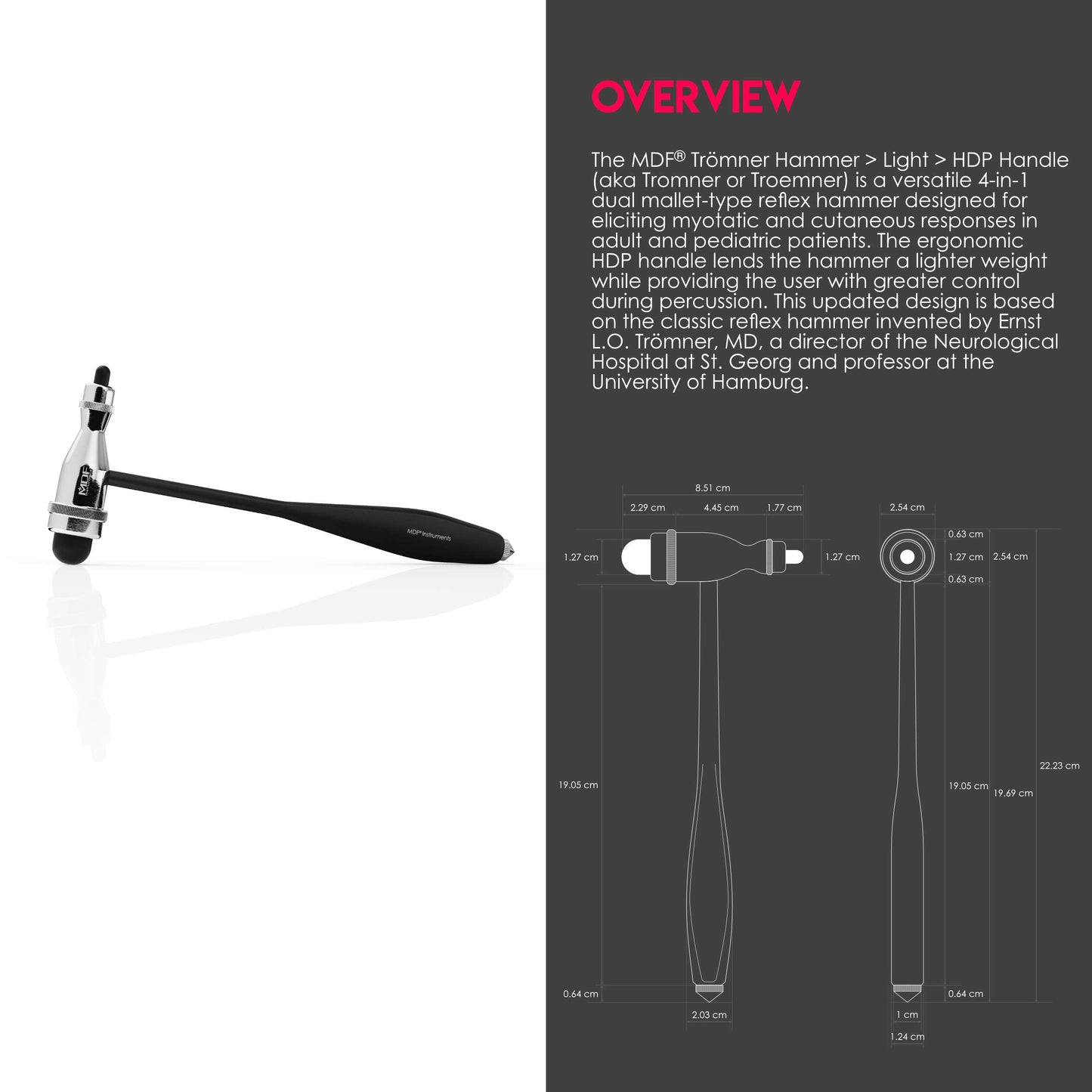 MDF Instruments, Tromner Neurological Reflex Hammer with Built-in Brush for Cutaneous and Superficial Responses - Light - HDP Handle - Durable, Professional-Grade - Black (MDF555P-11)